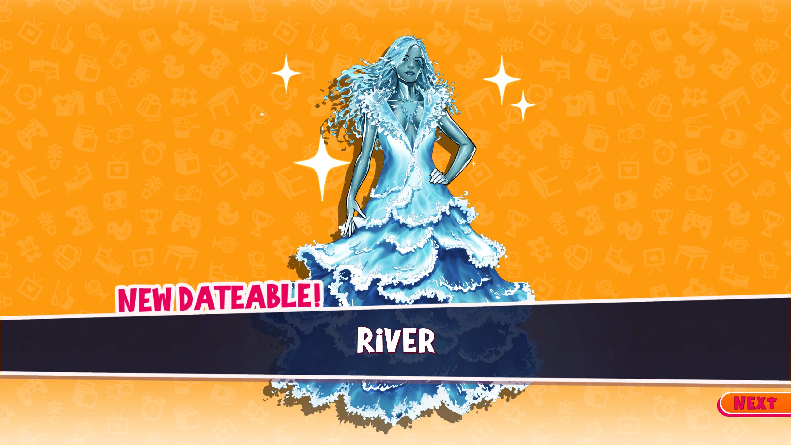 Character pop up showing River for the first time in Date Everything!