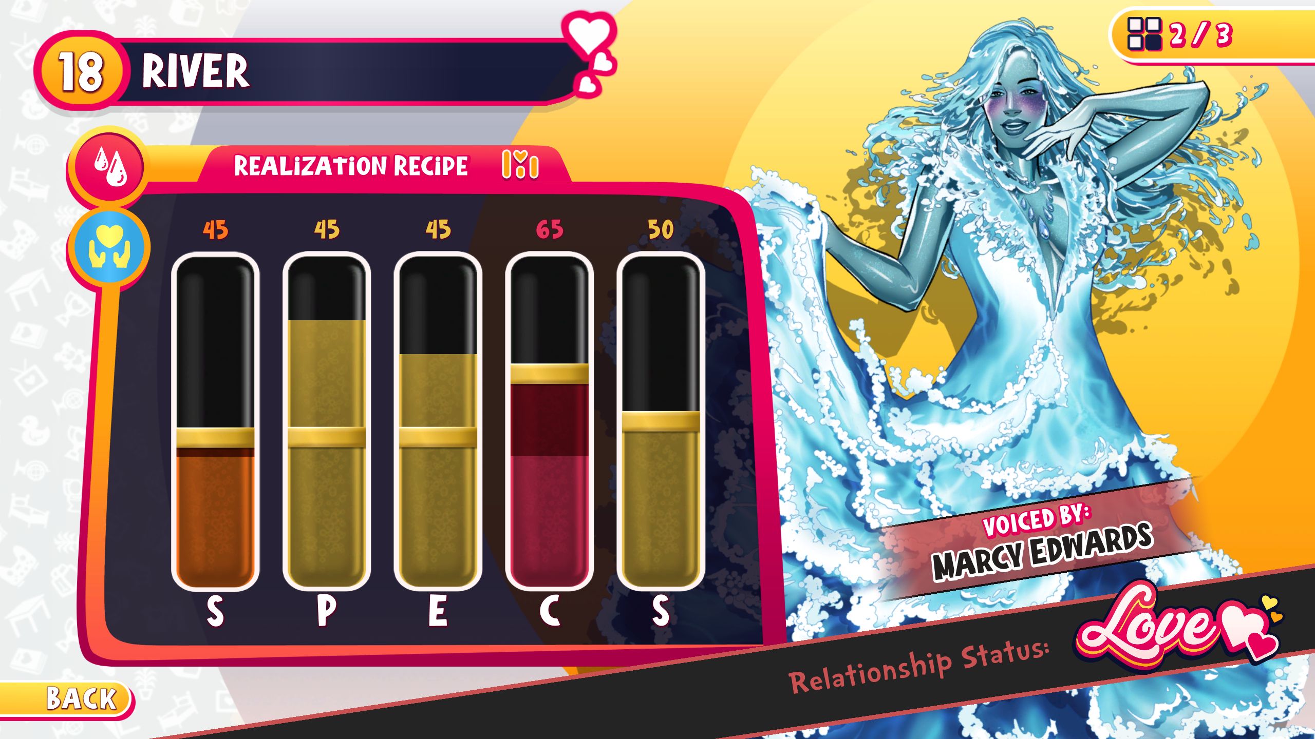 Realization menu showing the necessary SPECS for River in Date Everything!