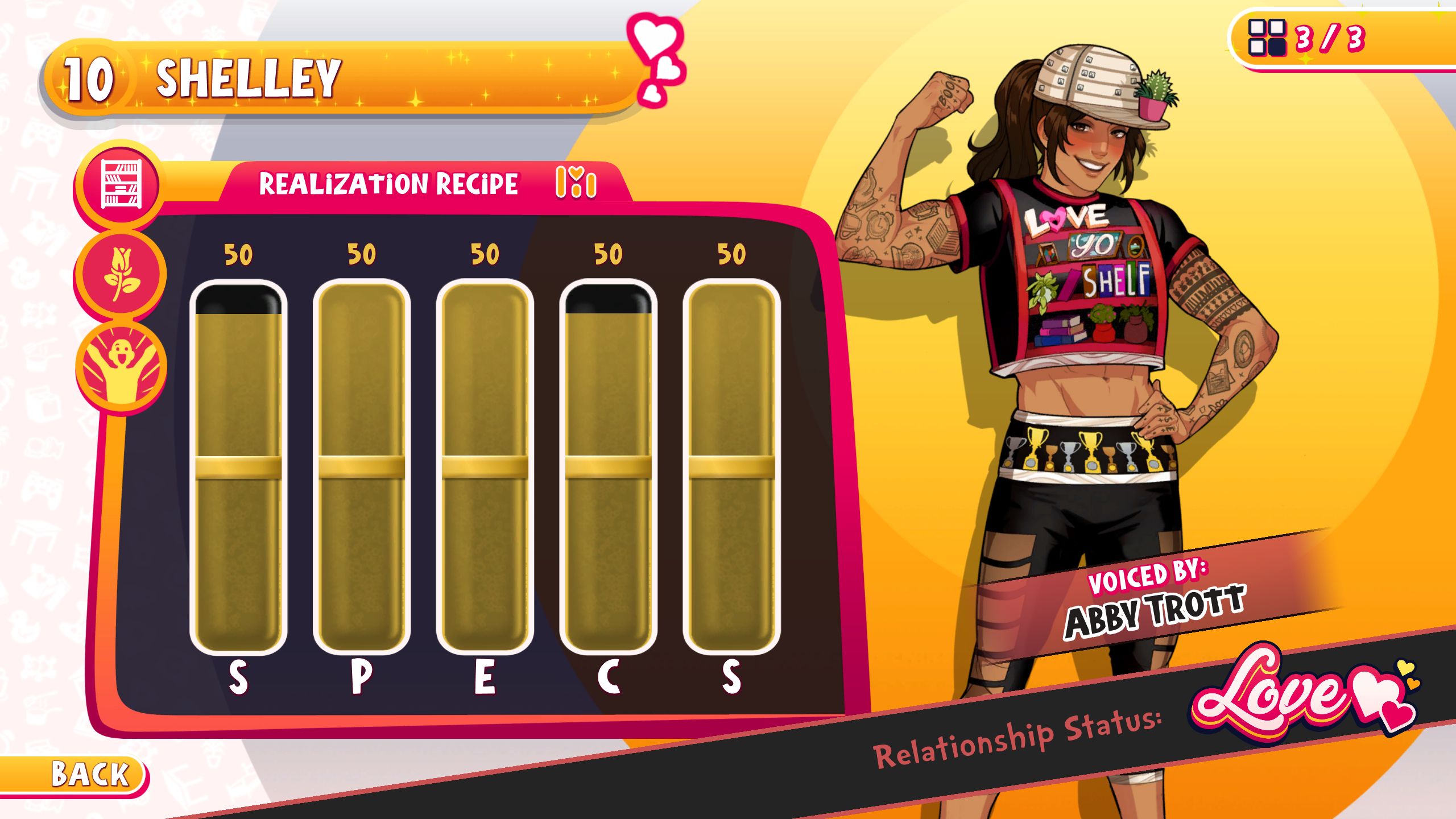 Shelly's Realization requirements menu in Date Everything!