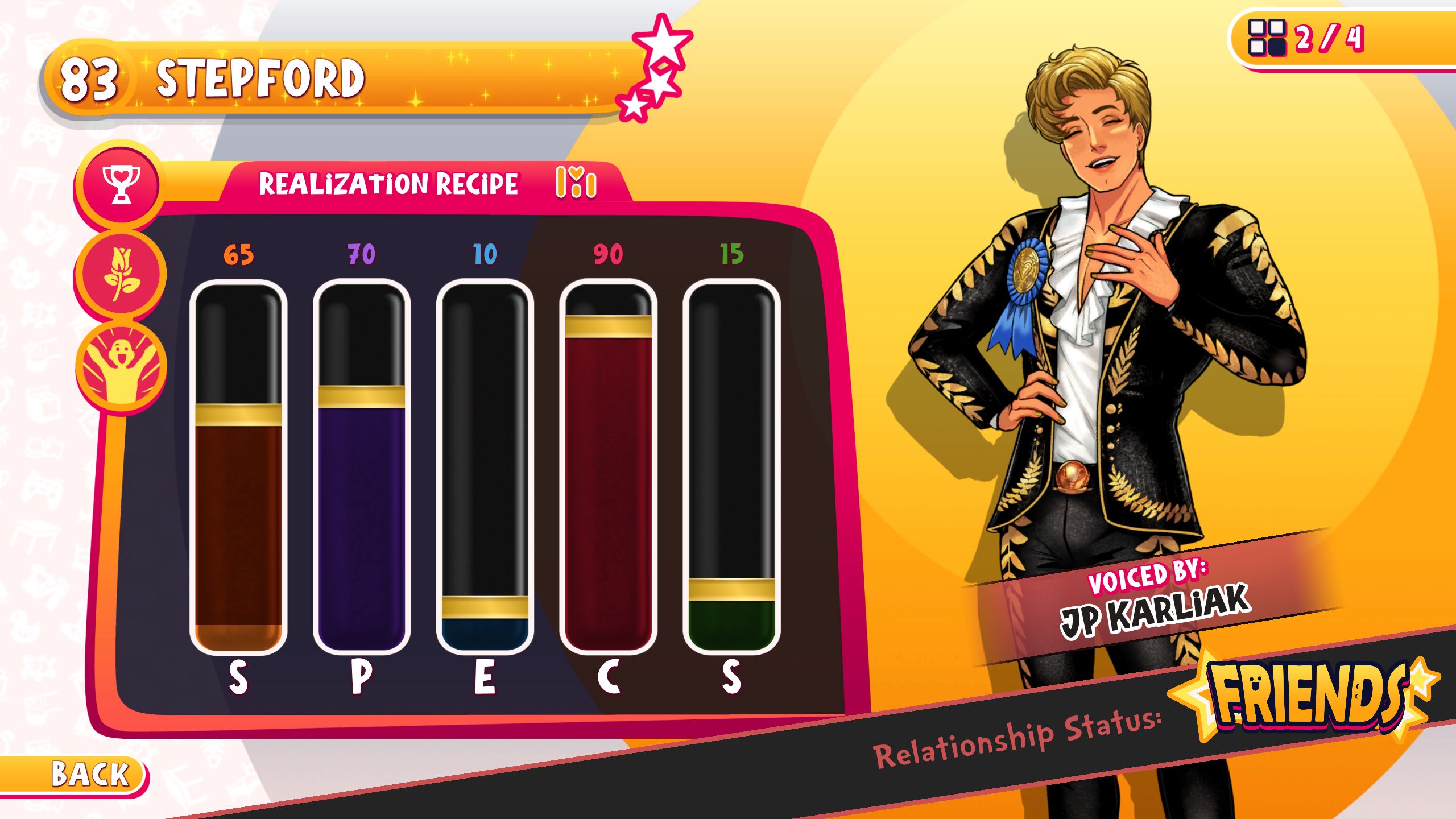 Stepford's realization screen in Date Everything!