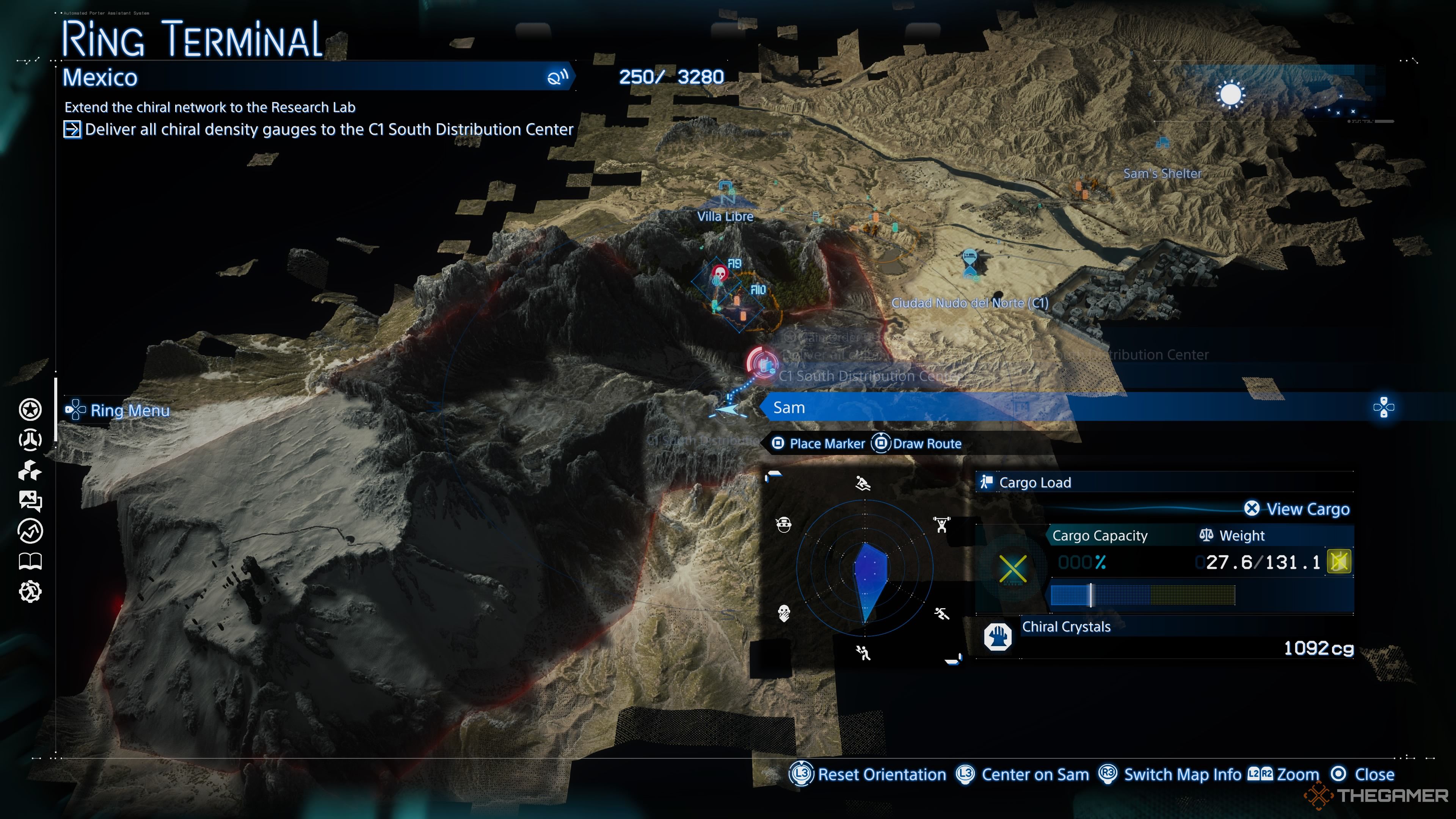 Death Stranding 2 map screen showing the current weight and chiral crystal for Sam.