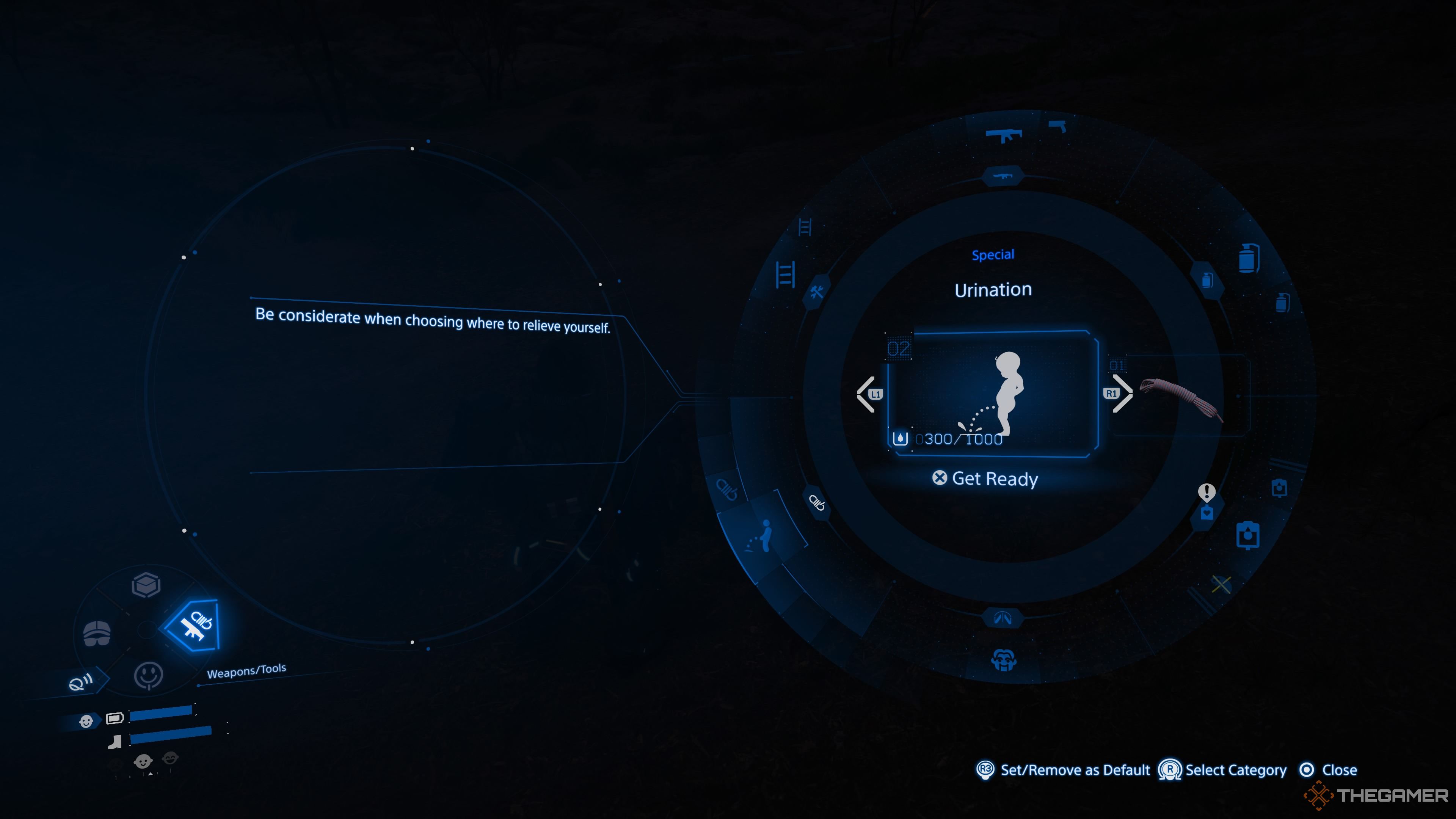 Death Stranding 2 On The Beach menu to urinate in the open.