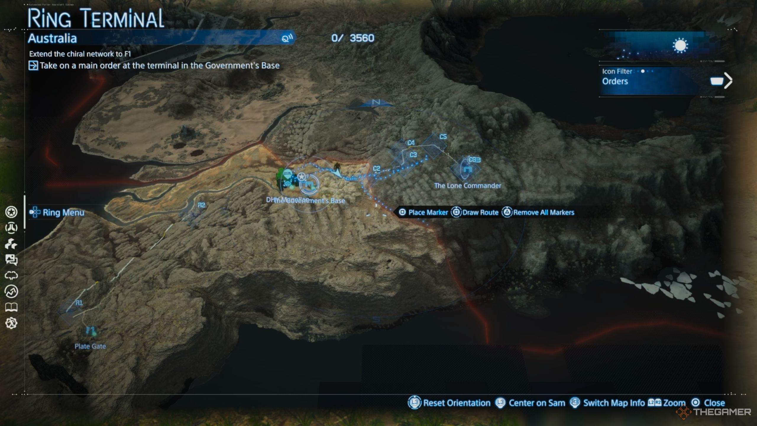 Death Stranding 2 On The Beach showing the best route to reach Lone Commander from The Government's Base.
