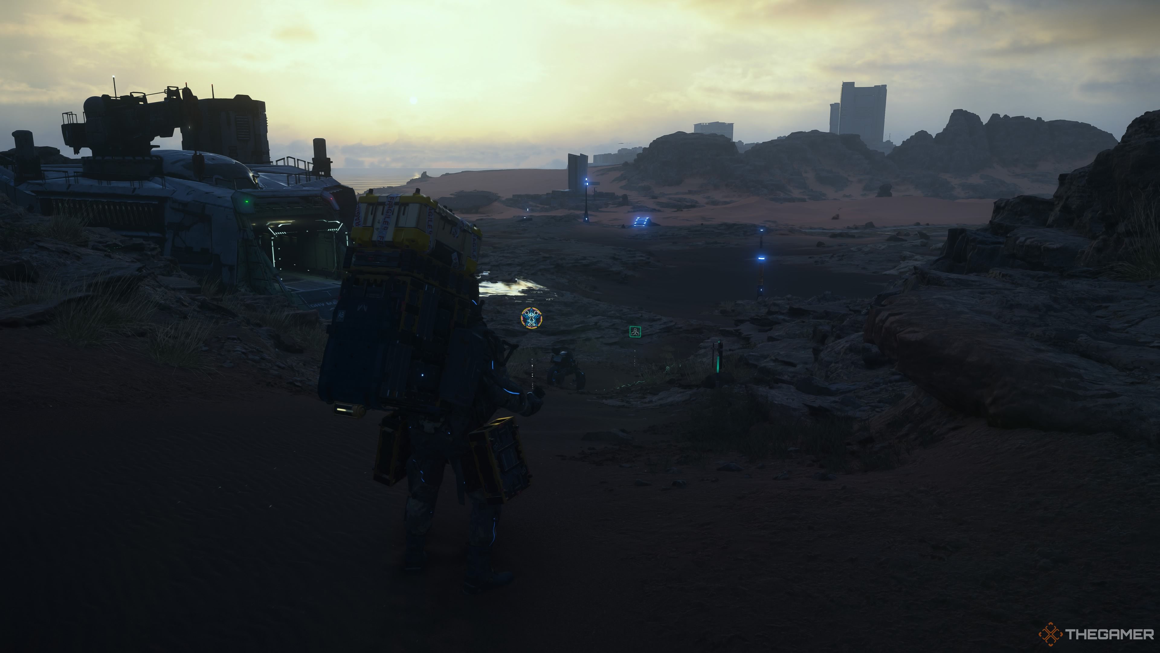 Death Stranding 2 Sam looking at a bunch of signs in the distance.