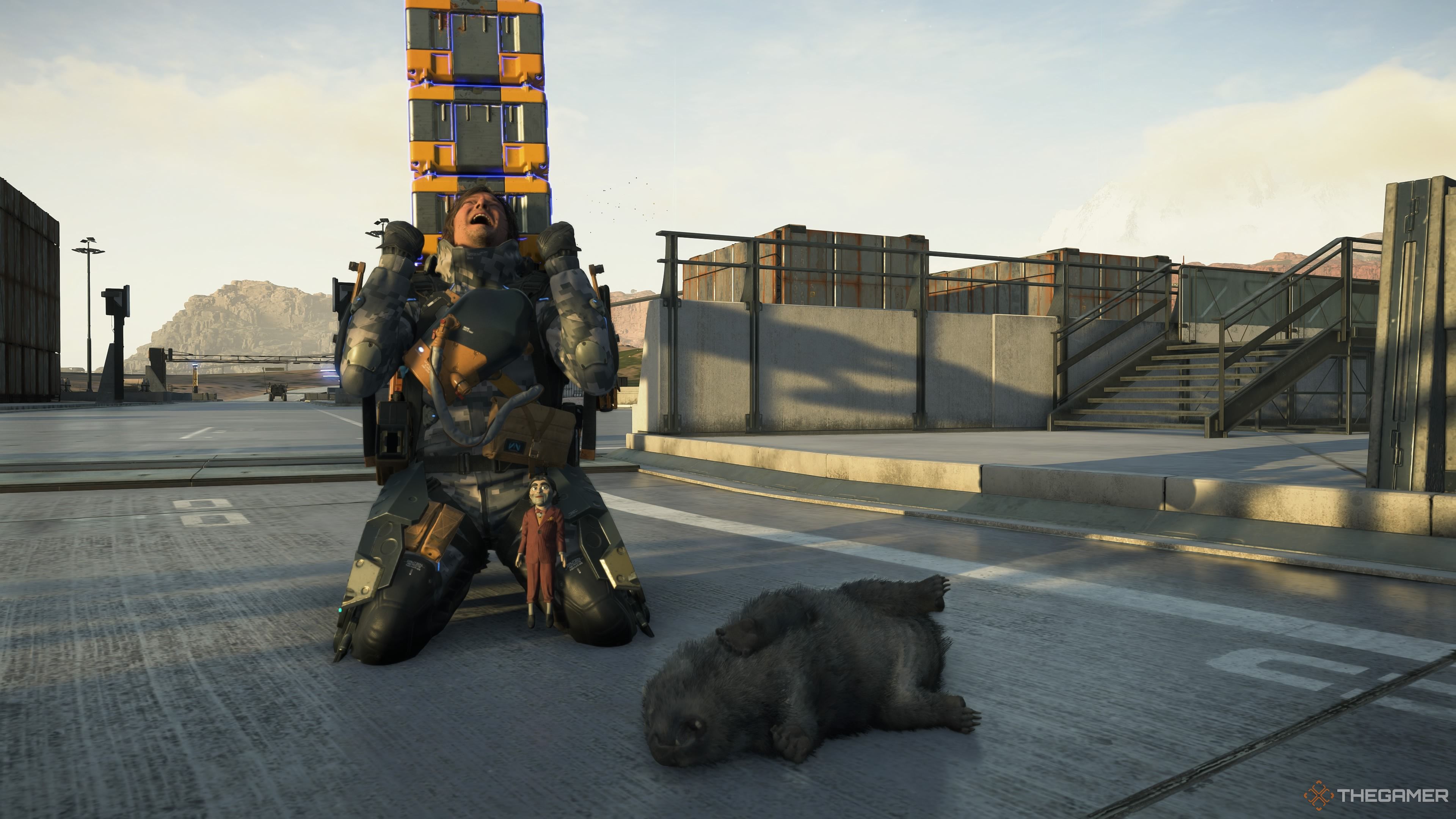 Сэм оплакивает вомбата, которого он случайно убил в Death Stranding 2: On The Beach.