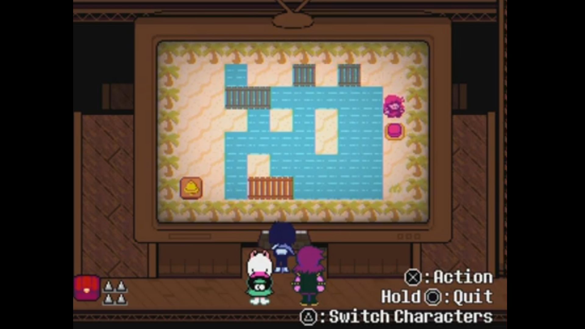 A solved bridge puzzle from chapter 3 of Deltarune.