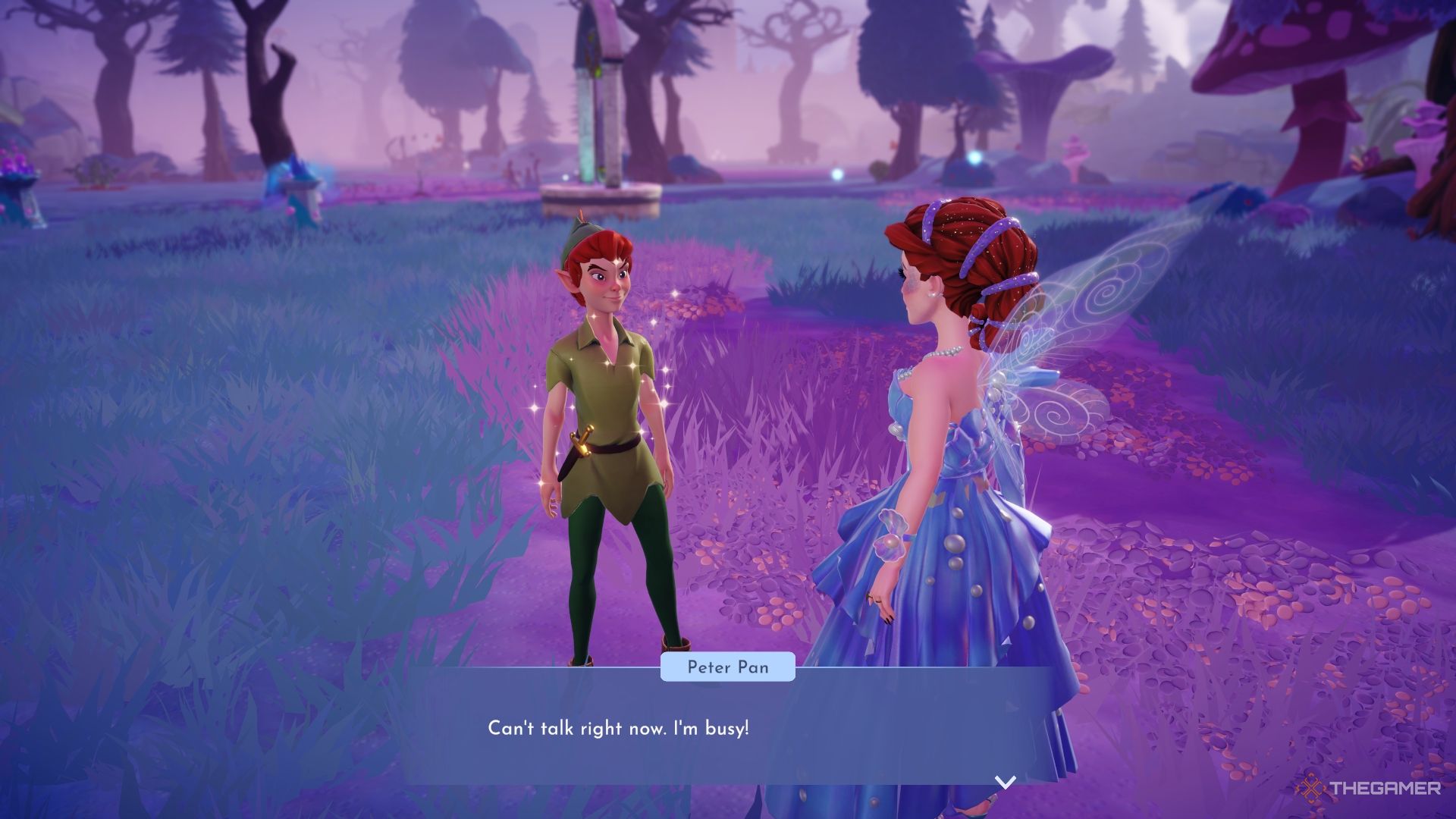 Peter Pan in a purple forest telling you he's busy.