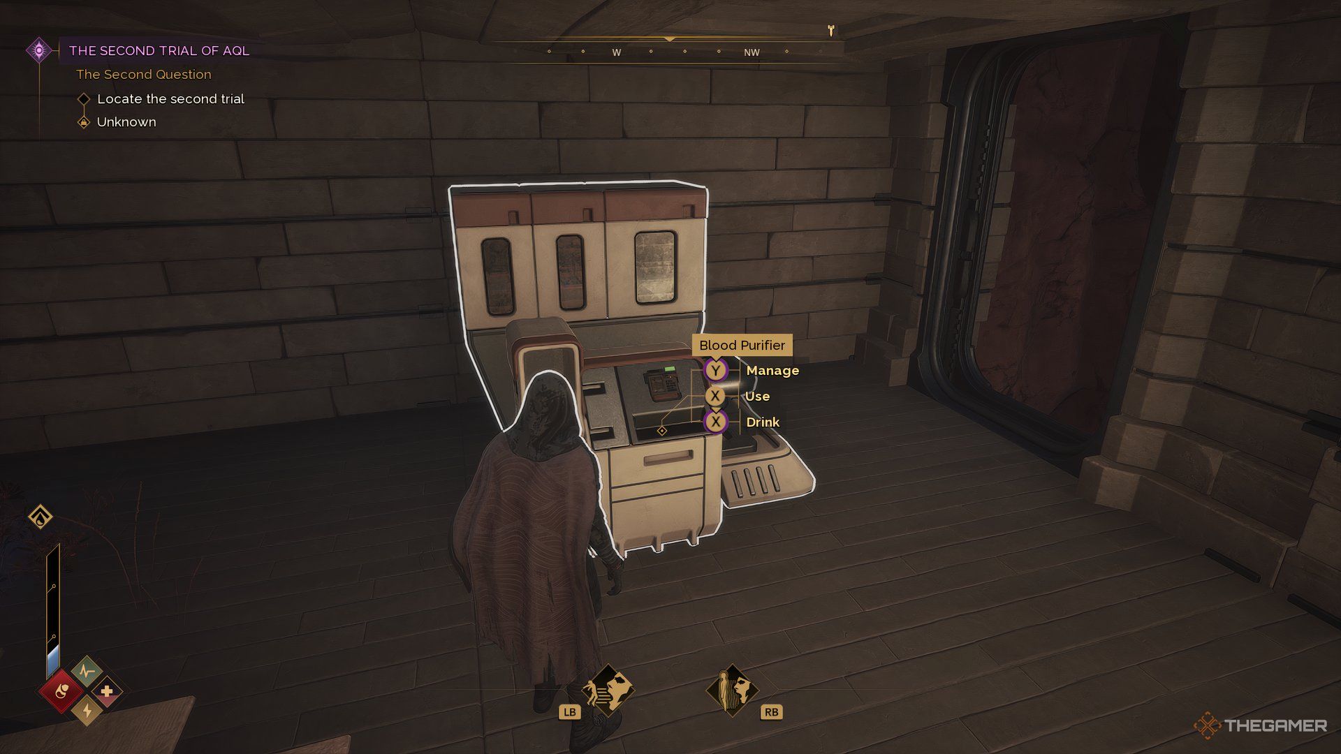 Player in his base in Dune: Awakening looking at the Blood Purifier machine. There are options displayed on the right. 