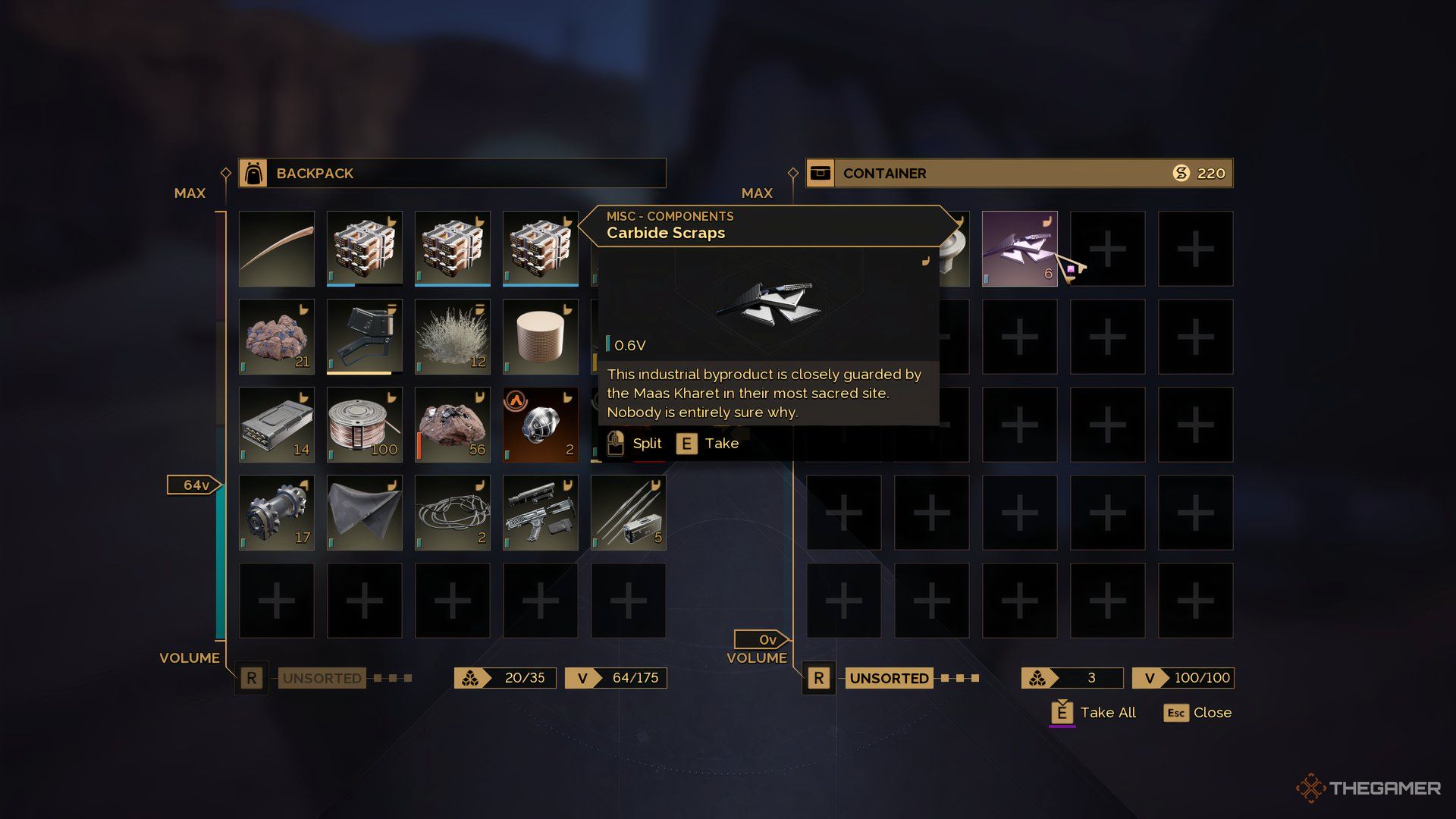 In the inventory menu of Dune: Awakening with the Carbide Scraps selected. 
