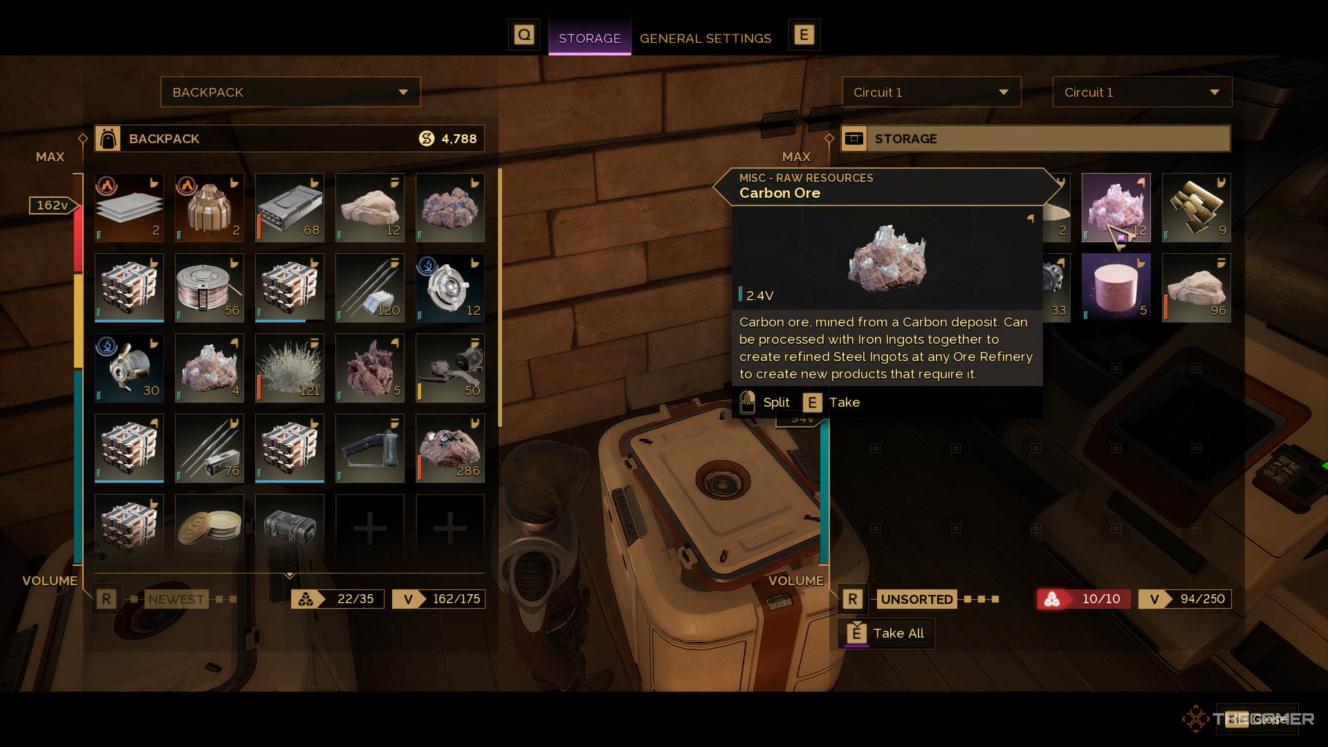 In the player's base invetory with the Carbon Ore selected in Dune: Awakening. What's in the player's back is of the left and the storage's inventory is on the right. 