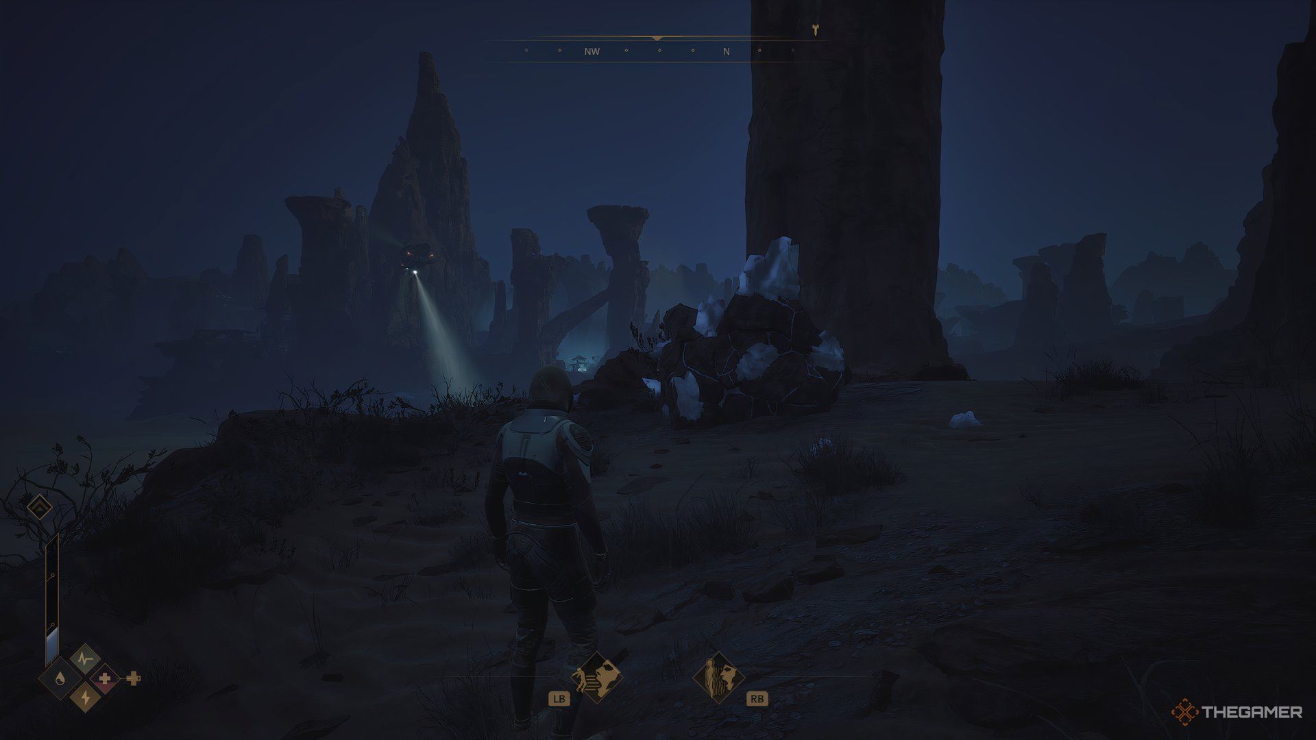 Player looking at a Carbon pile in Dune: Awakening. There is a ship flying with a spotlight in the distance. 