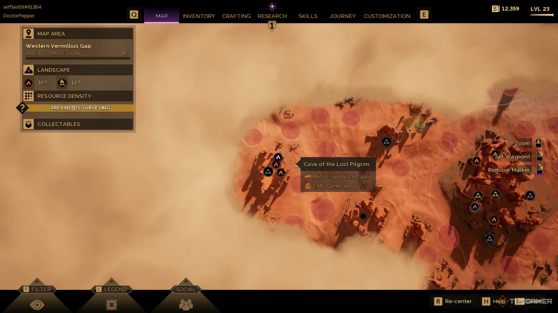 На карте Dune: Awakening с выбранной Пещерой Заблудшего Пилигрима.