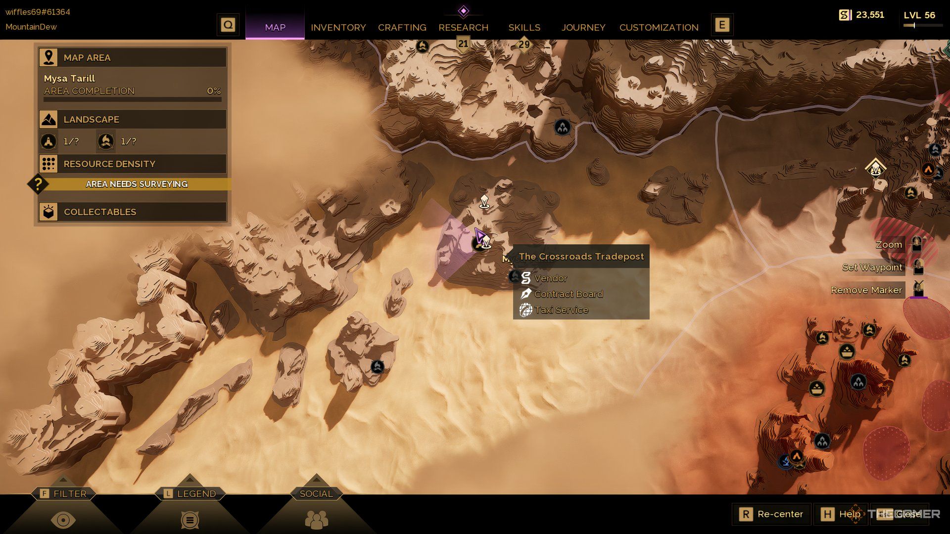 Player at the Crossroad Tradepost in Dune: Awakening. His postion is highlighted on the map. 