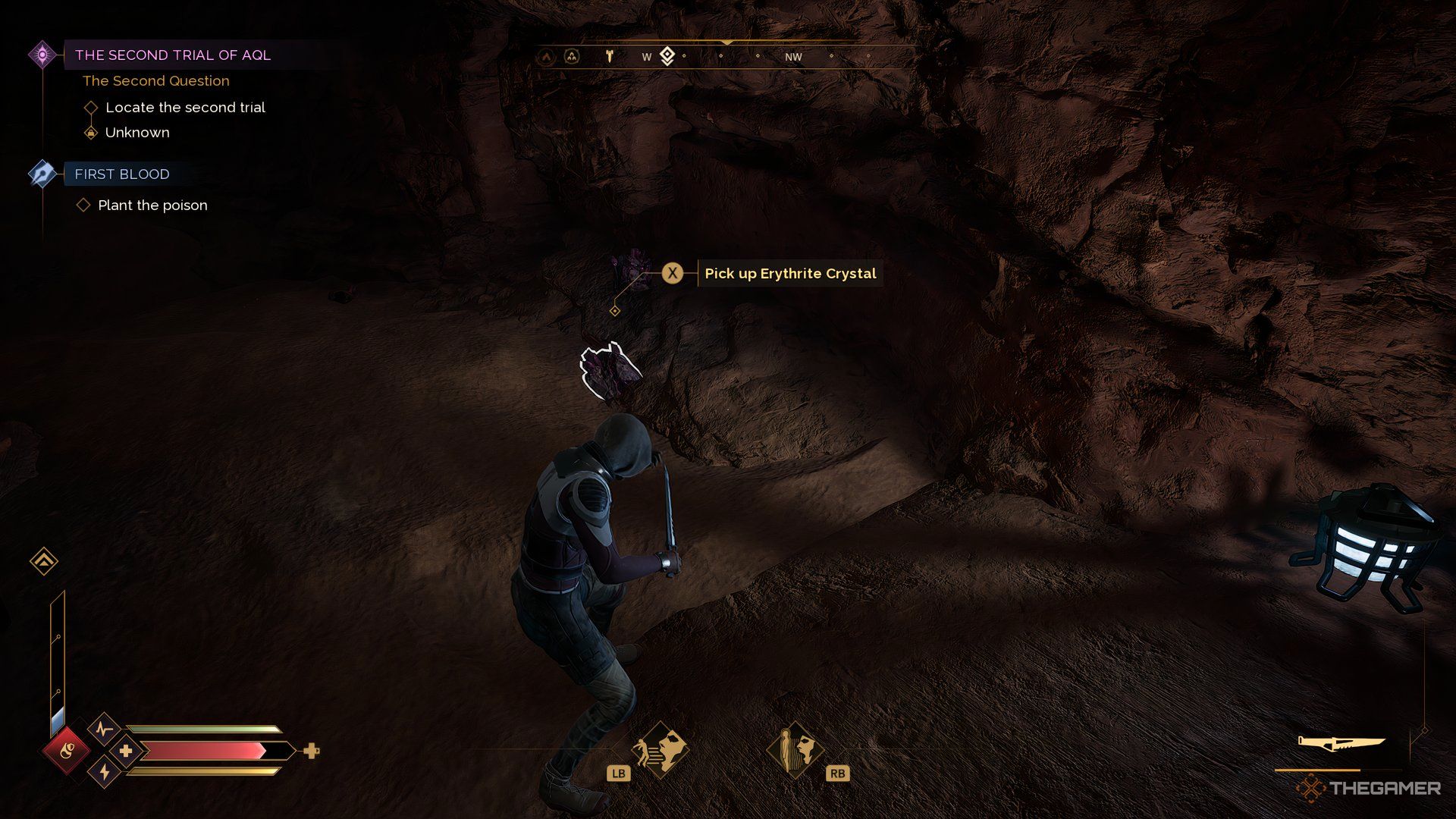 Character looking a Erythrite Crystals on the ground in a cave in Dune: Awakening. 