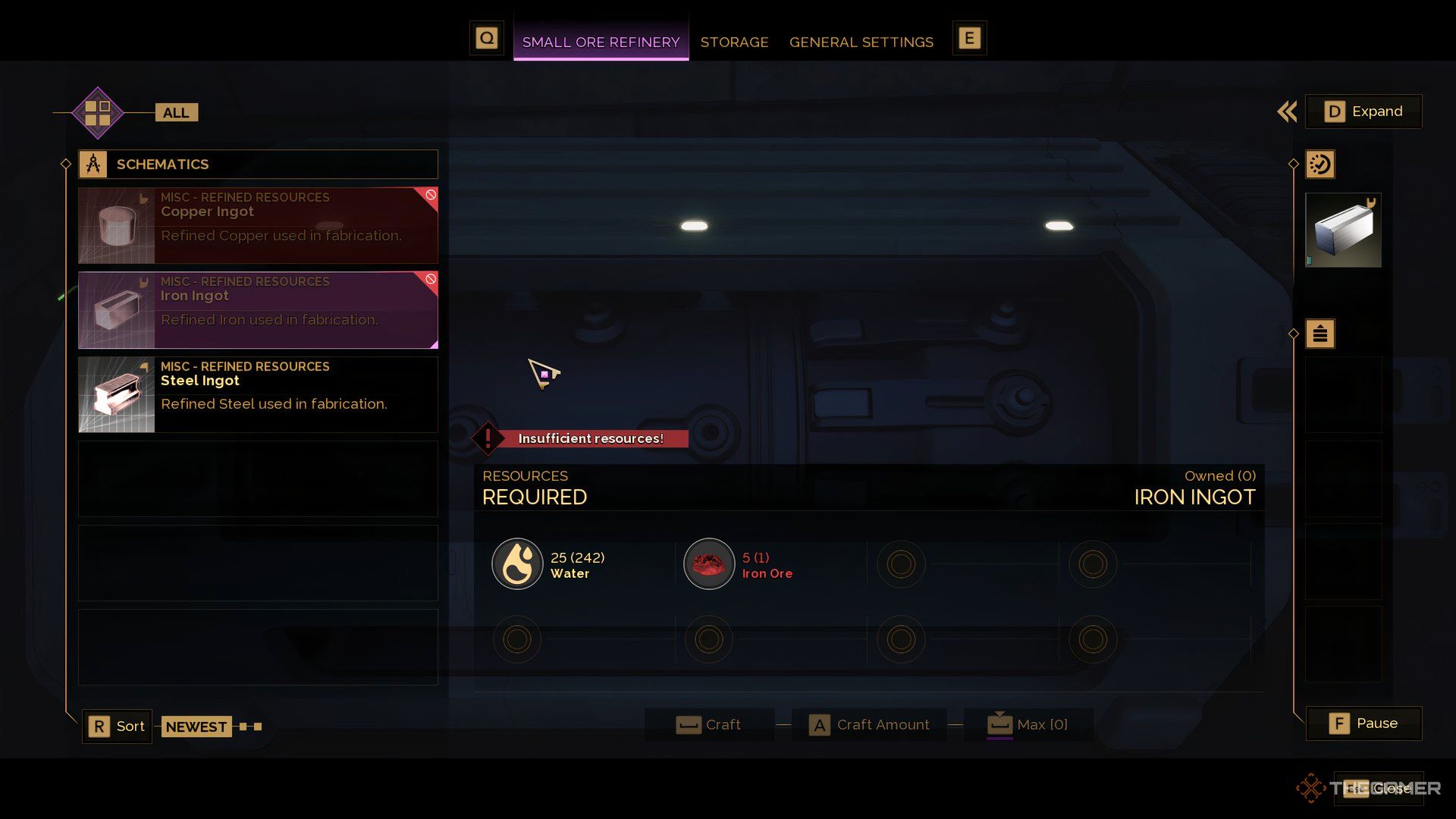 Player on the Iron Ingot screen at the Refinery in Dune: Awakening. 