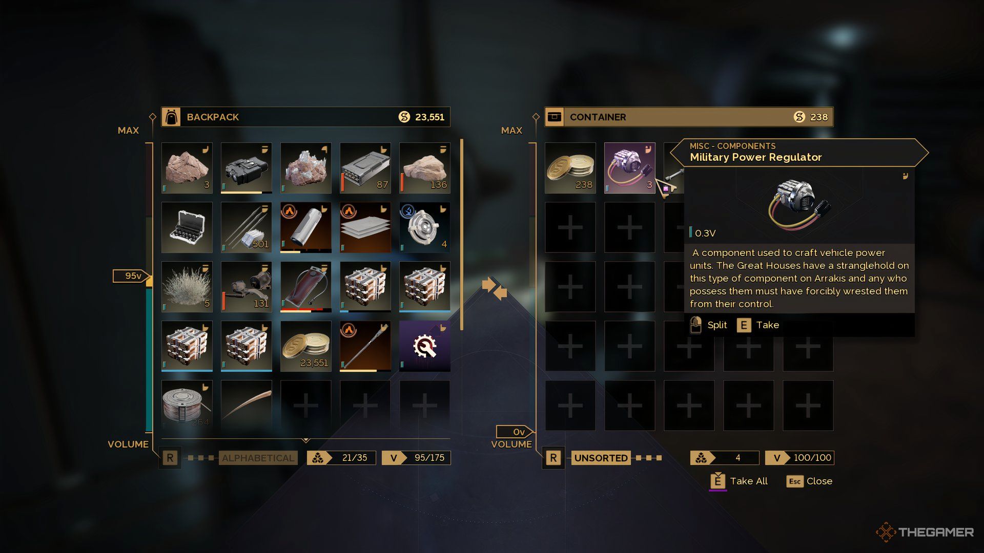 Player selecting the Military Power Regulator in the container menu in Dune: Awakening.