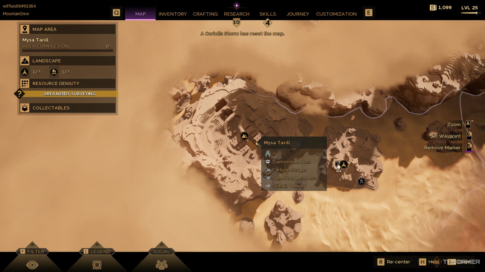 Player at the location of Mysa Tarill highlighted on the map of Dune: Awakening. The tradepost is showing on the right. 
