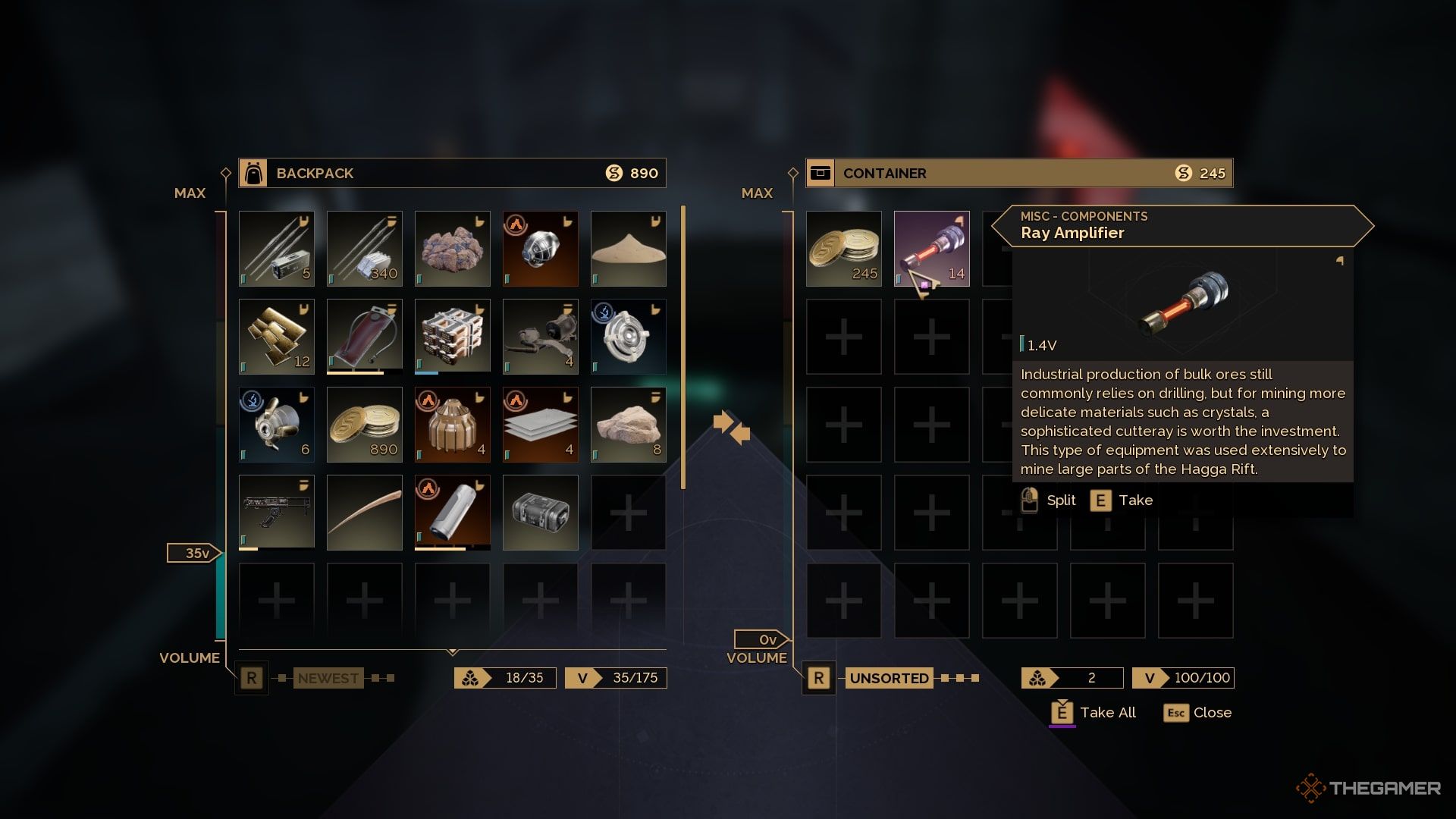 At the inventory menu in Dune: Awakening with the Ray Amlifier selected. 