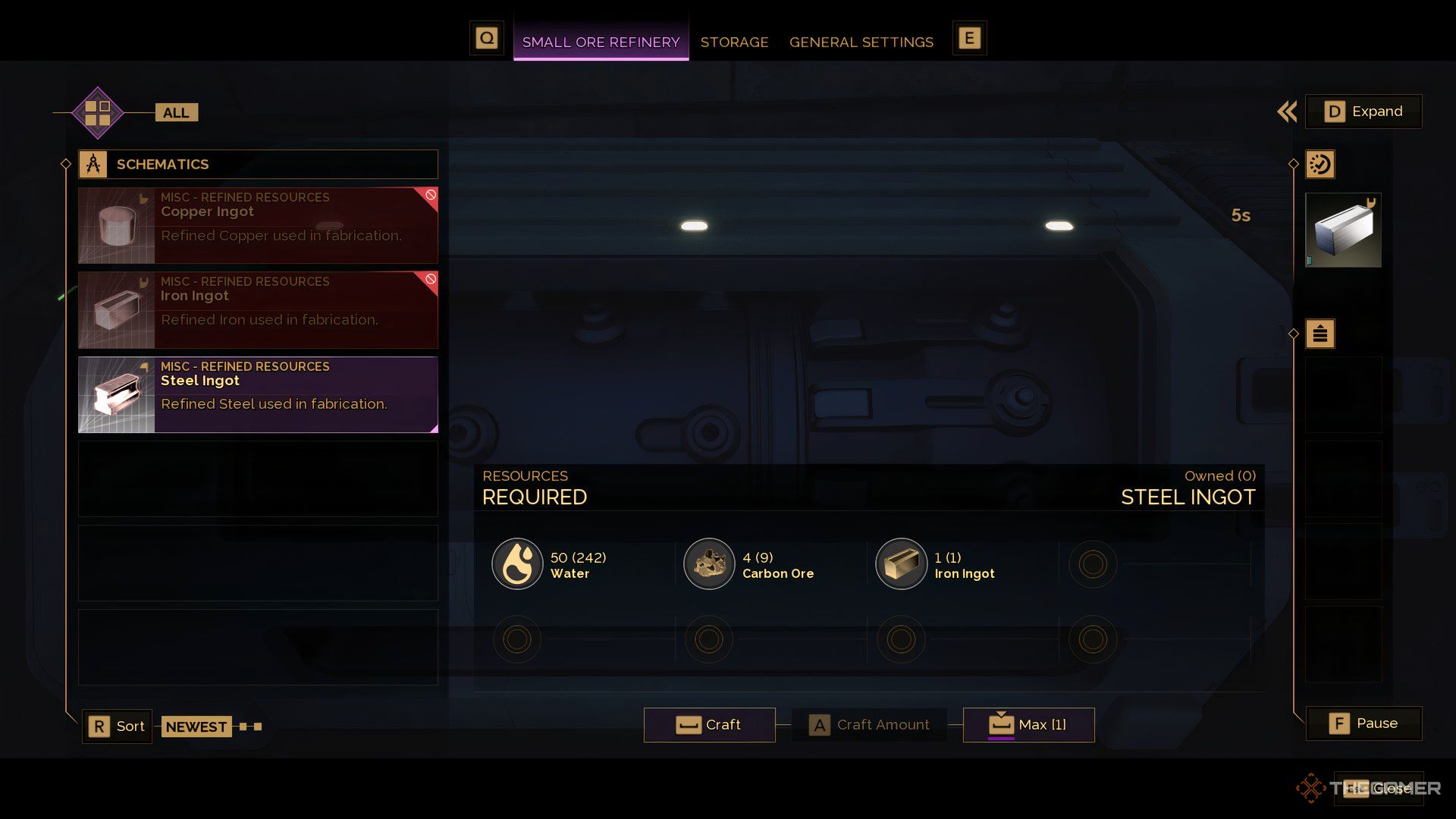 The Small Ore Refinery screen with the Steel Ingot option selected in Dune: Awakening. There ingredients are at the bottom with the output on the right.