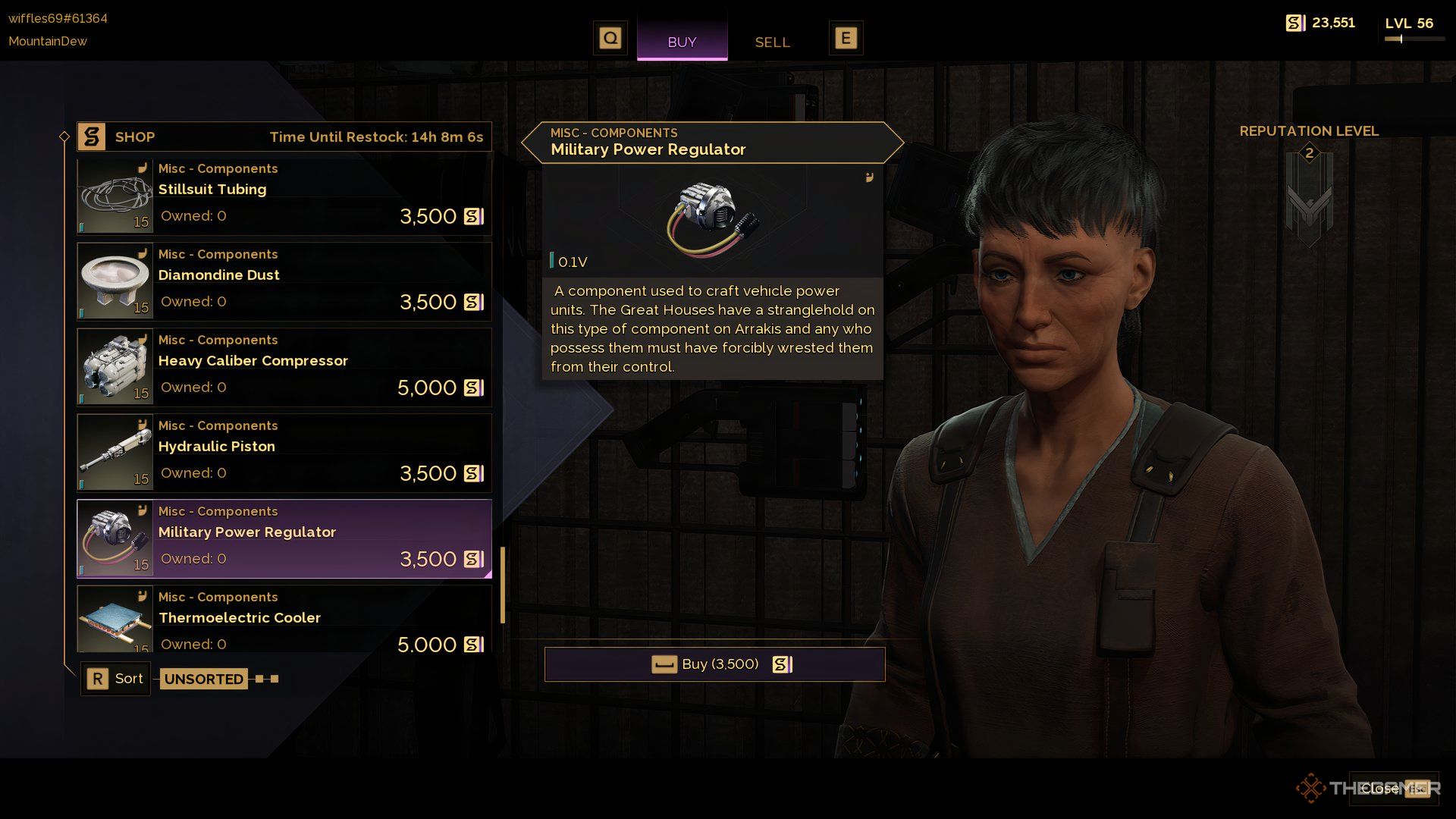 Player the Vendor's menu in Dune: Awakening with the Military Power Regulators selected.