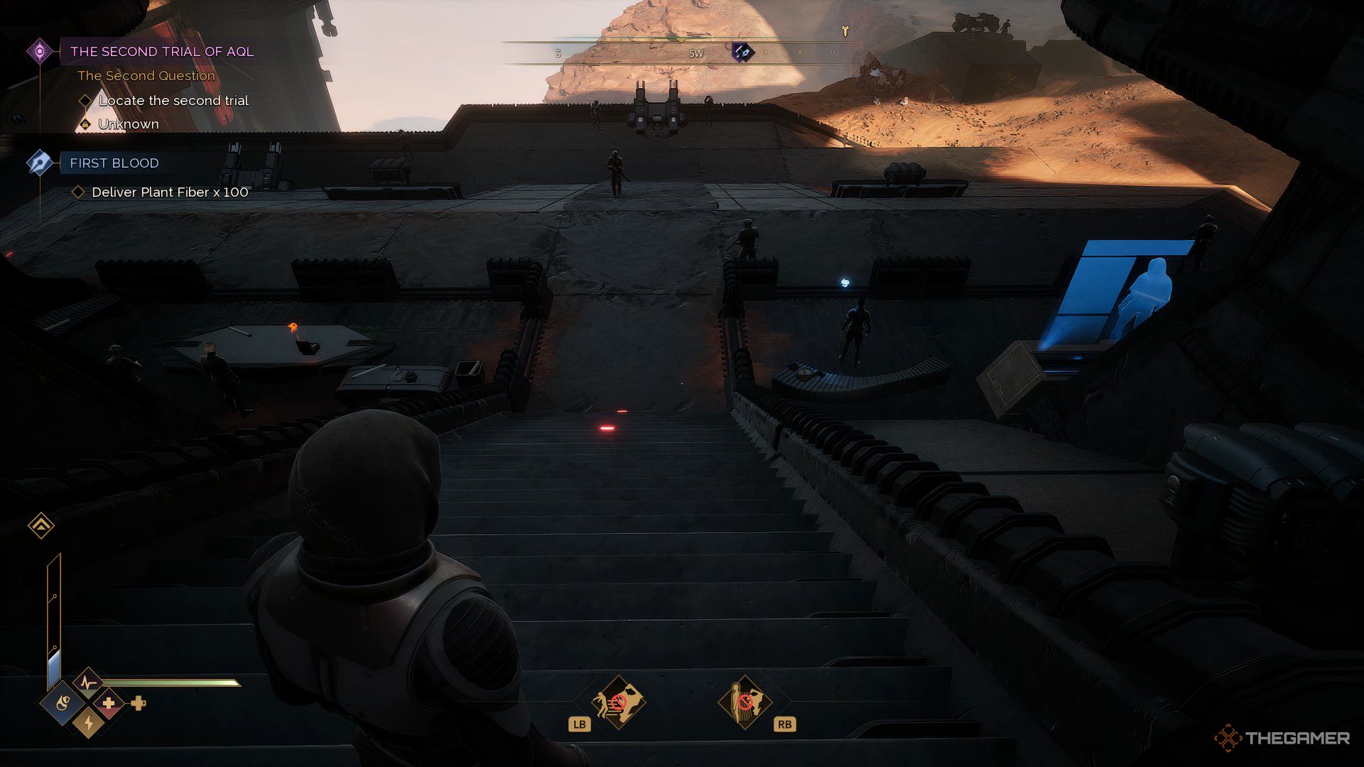 Character looking at Samin Moro from behind in Dune: Awakening. She is on the right. There are other NPCs near her. A blue holoscreen is projecting beside her. 