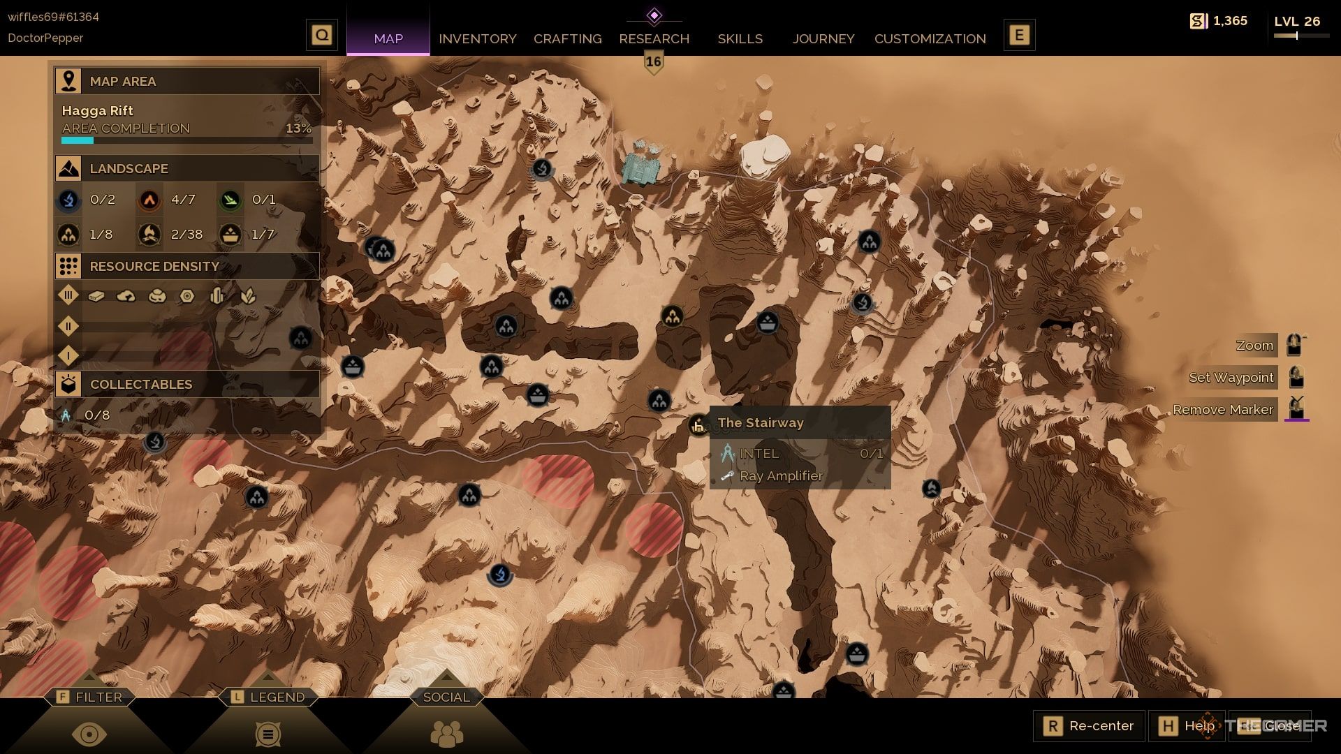 The Stairway camp selected on the map of Dune: Awakening. There is a lable on it showing the Ray Amplifier label.