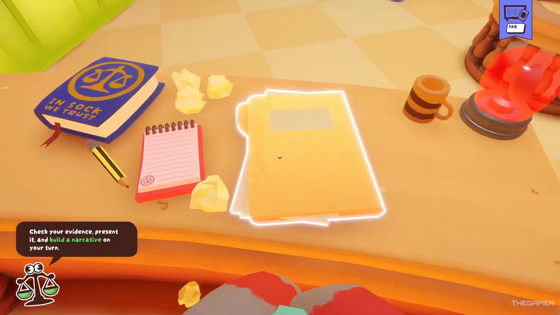 Yellow evidence folder on table in Guilty As Sock.