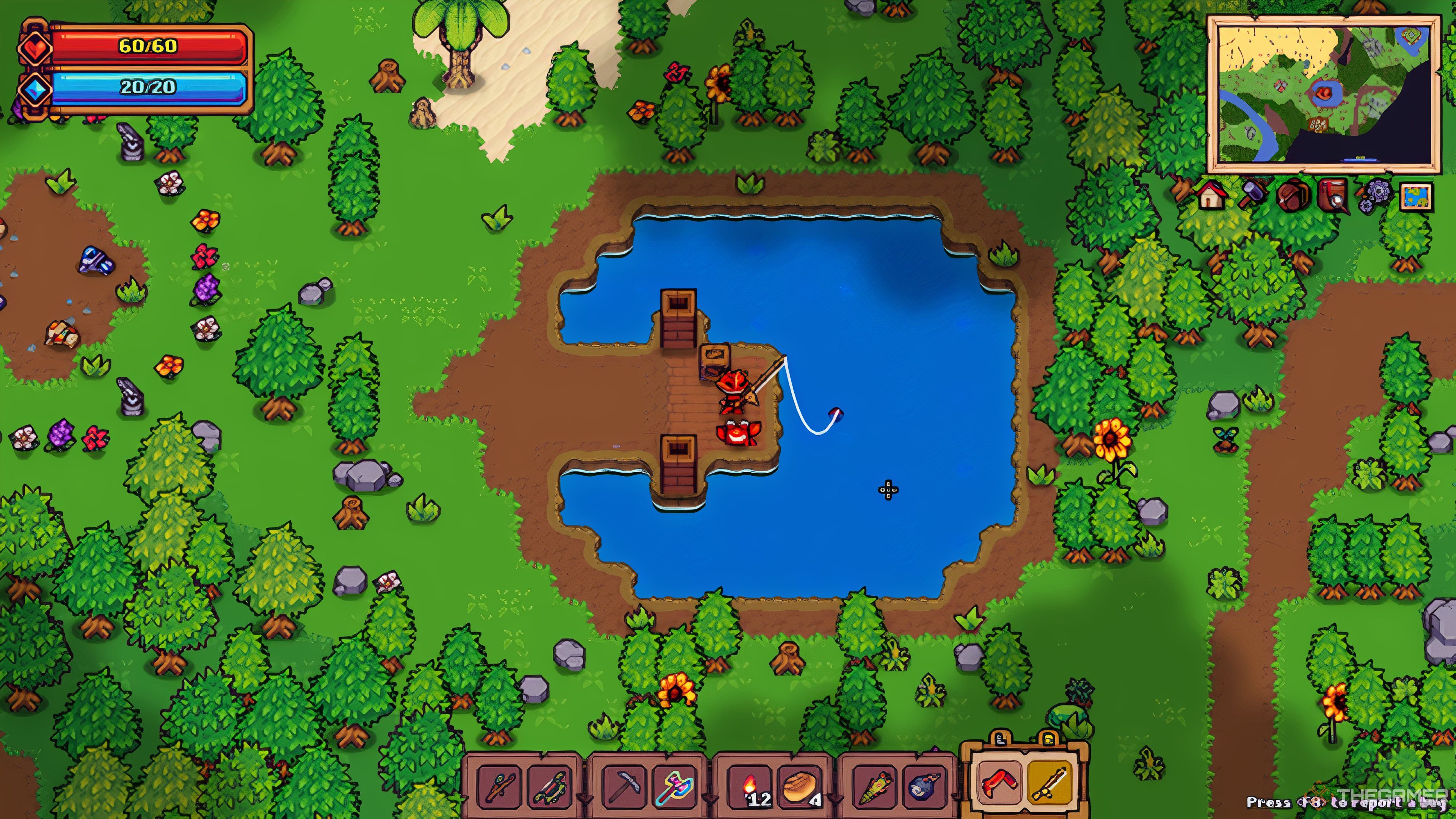 Fishing from a dock at a secluded pond with pet crab in the forest in Tinkerlands.