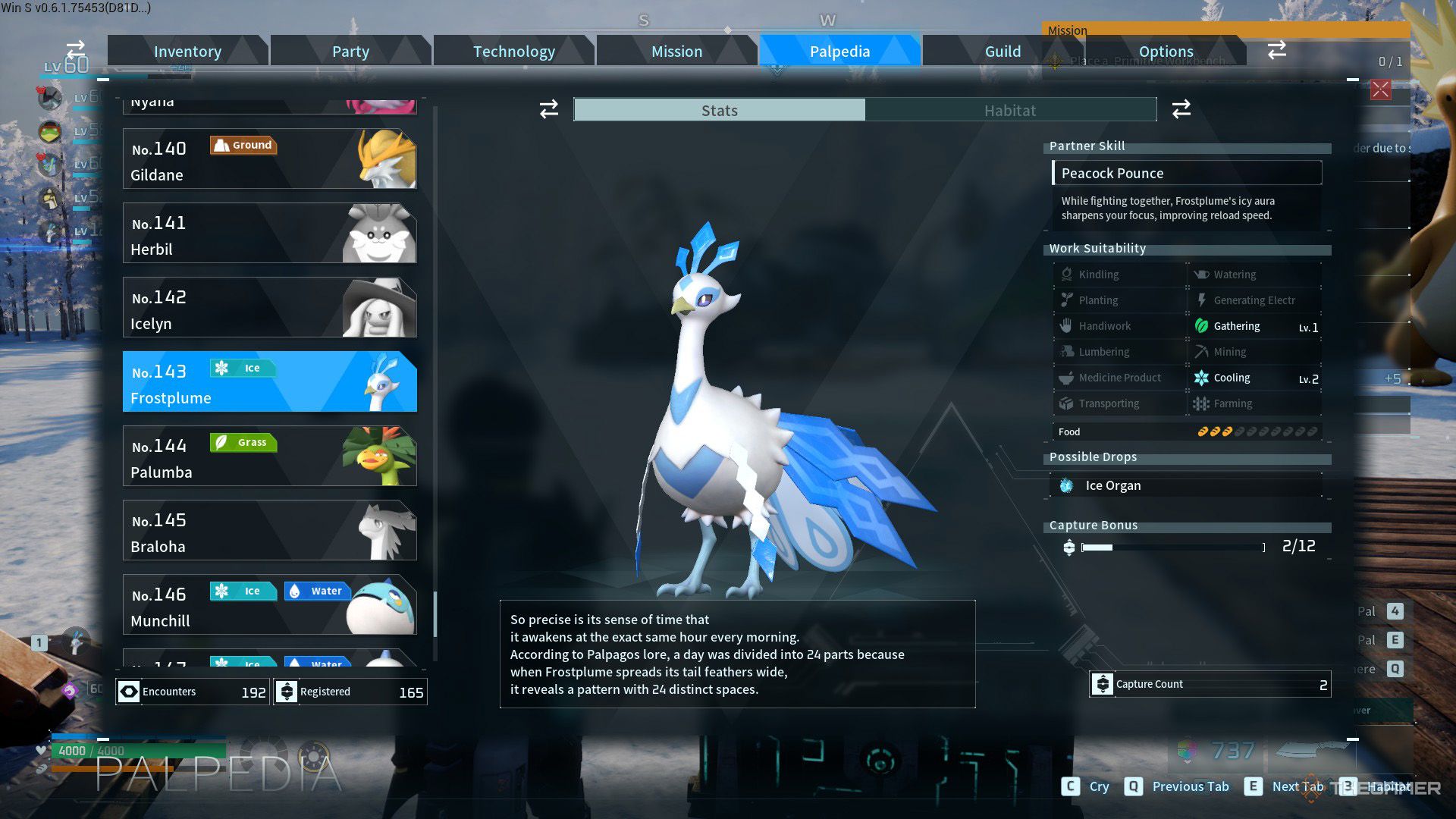 Frostplume's palpedia entry in Palworld.