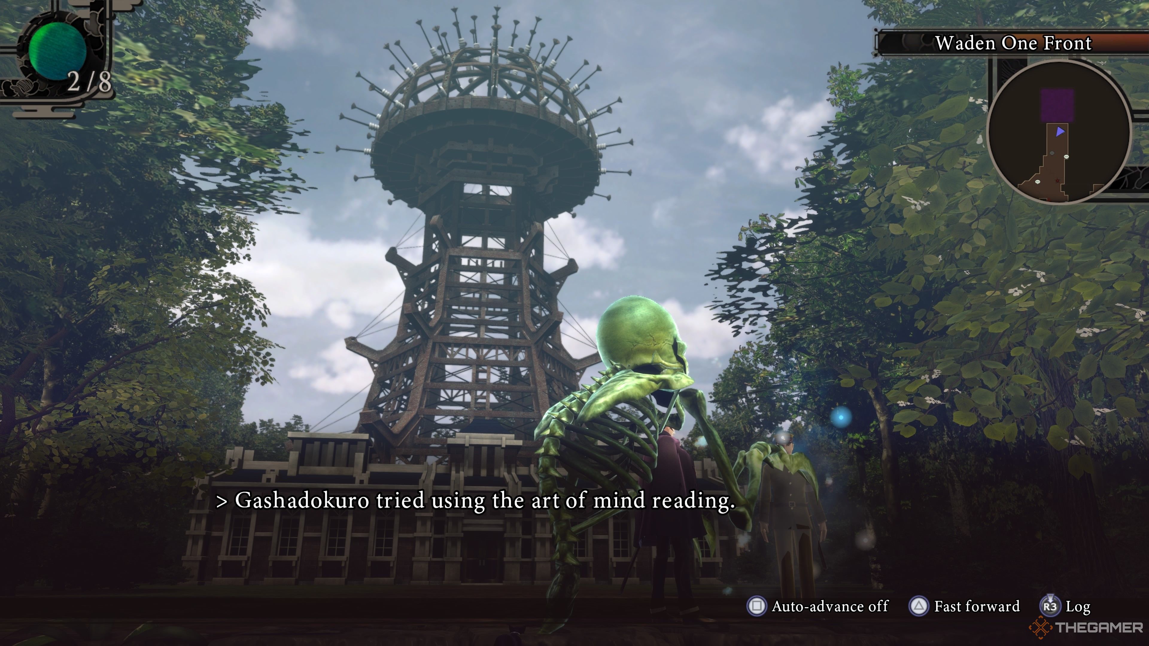Gashadokuro reading a soldier's mind at Waden One in Raidou Remastered The Mystery of the Soulless Army.