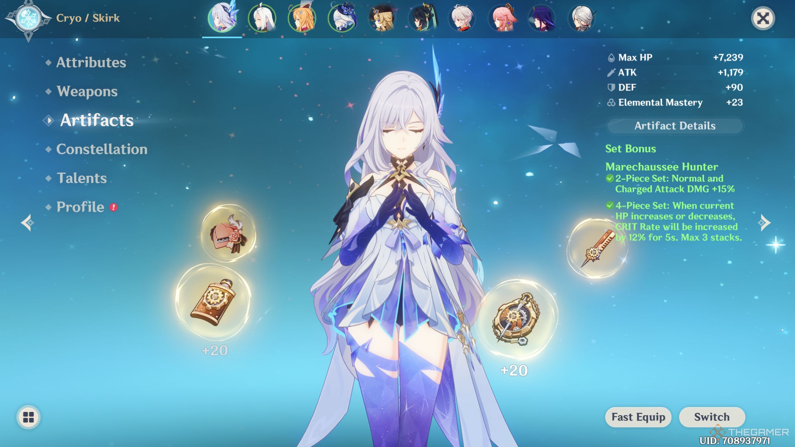 Genshin Impact Skirk artifact screen.