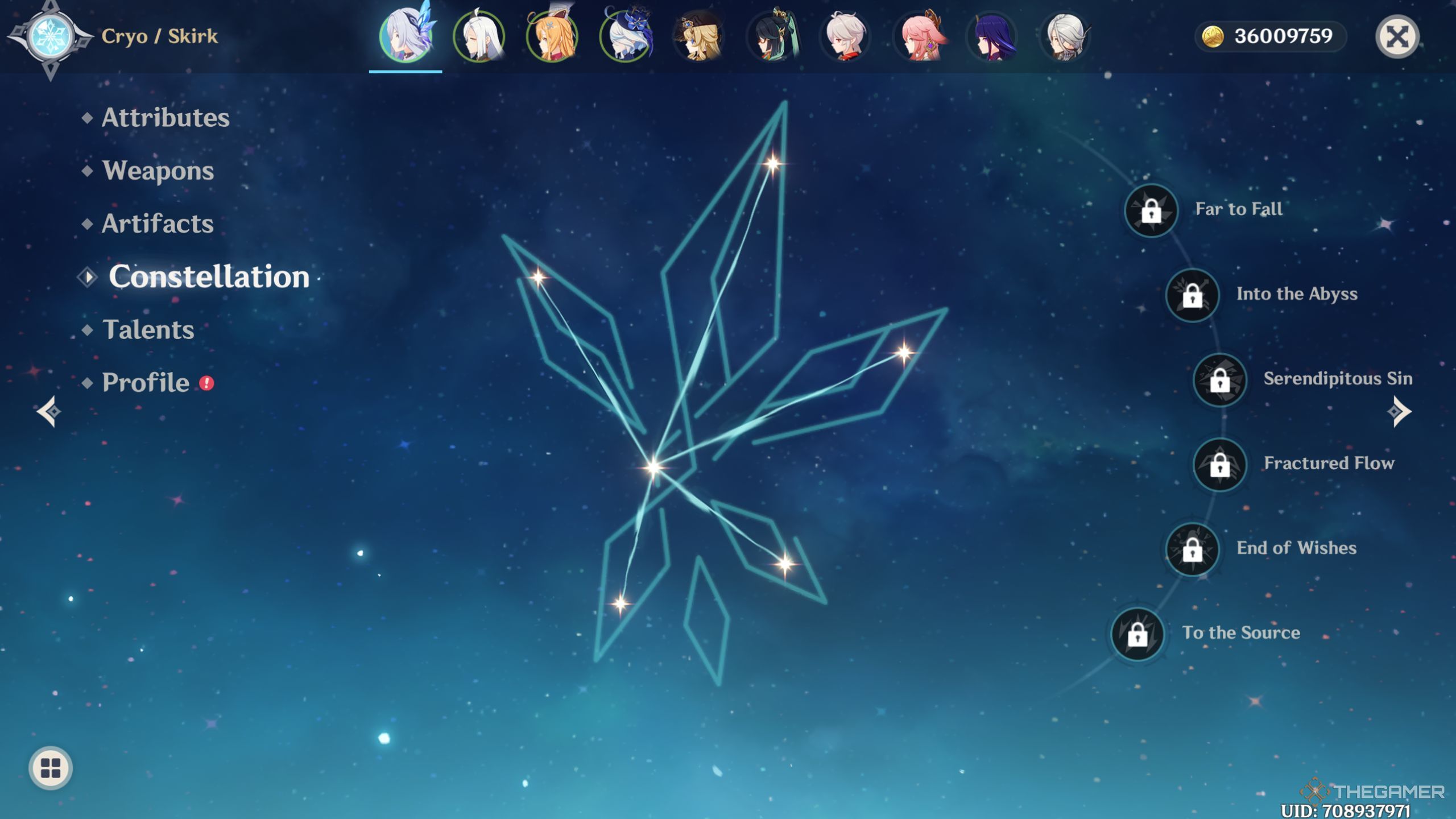 Genshin Impact Skirk constellation screen.