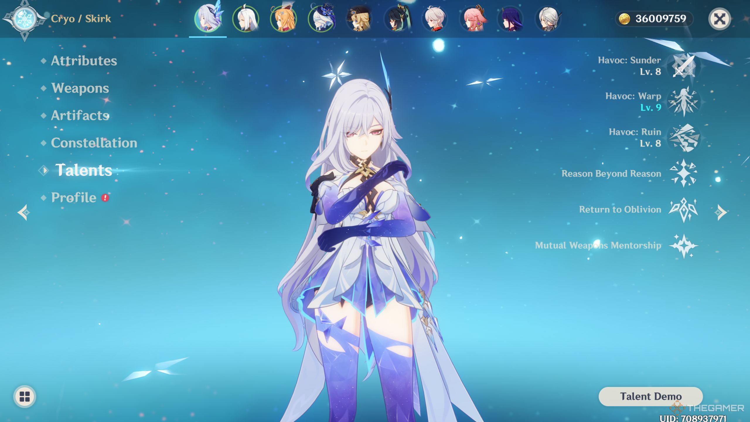 Genshin Impact Skirk talent screen.