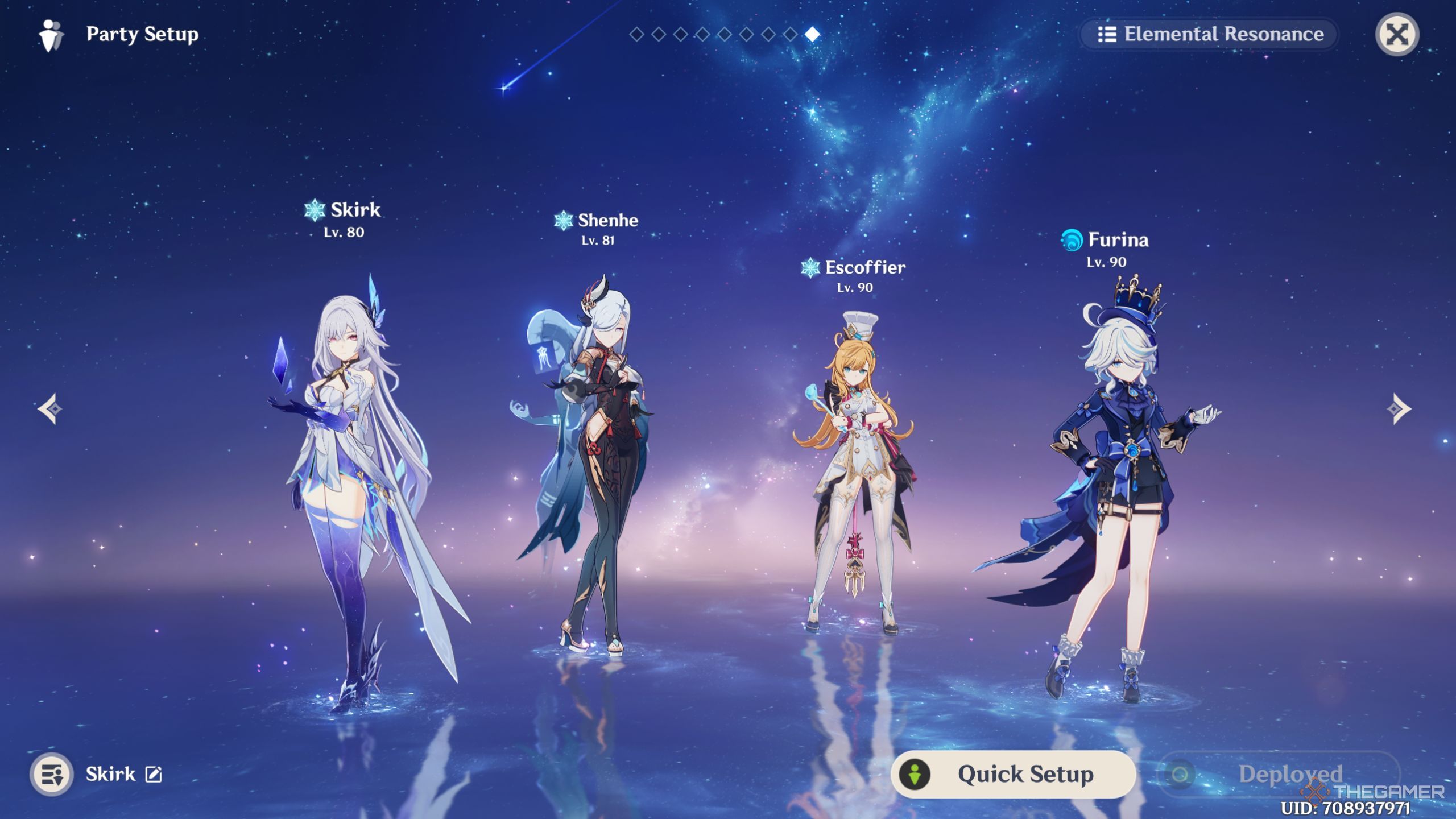 Genshin Impact Skirk team with Shenhe, Escoffier, and Furina.