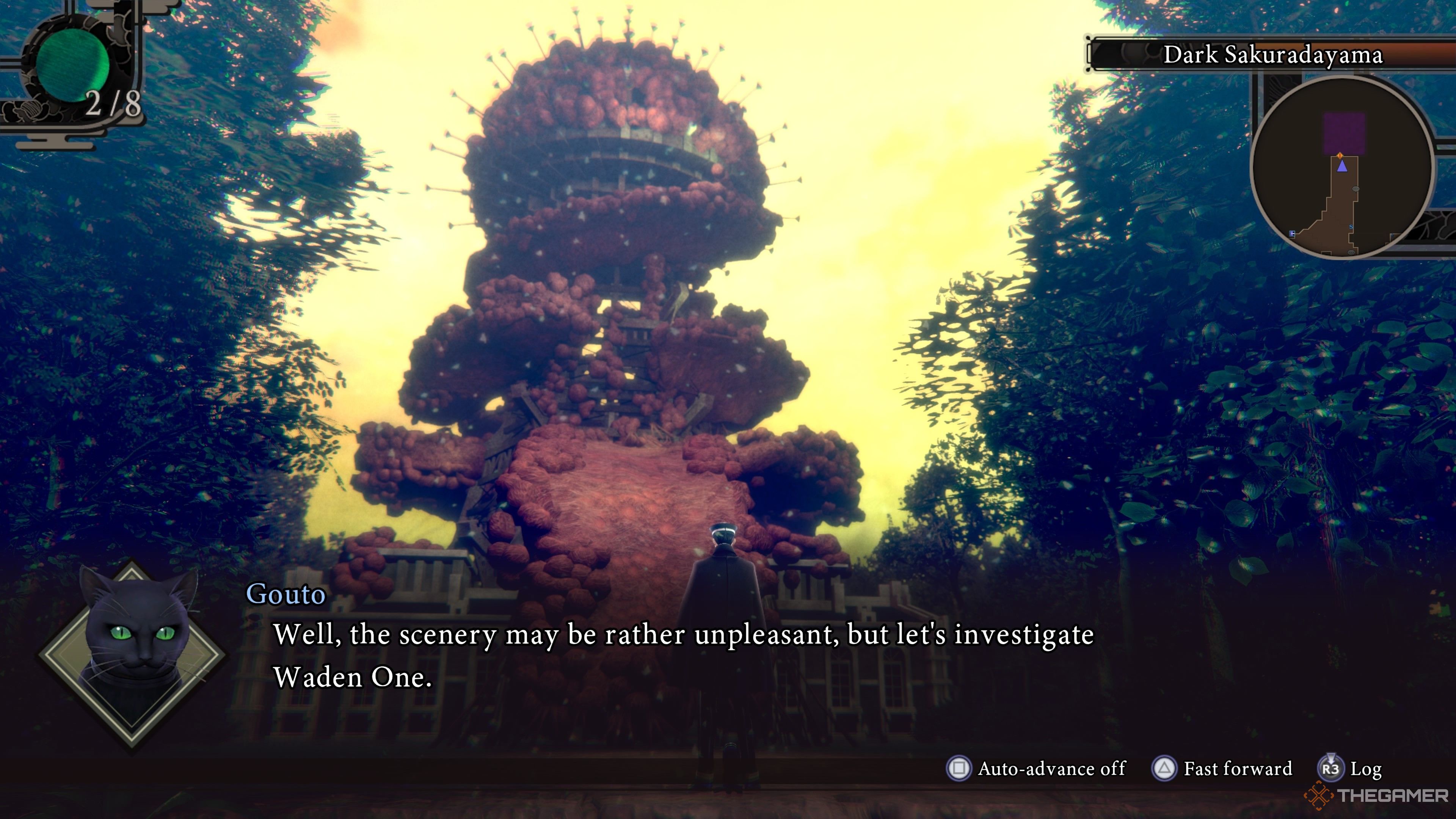 Gouto talking about the radio tower in Dark Sakuradayama in Raidou Remastered The Mystery of the Soulless Army.