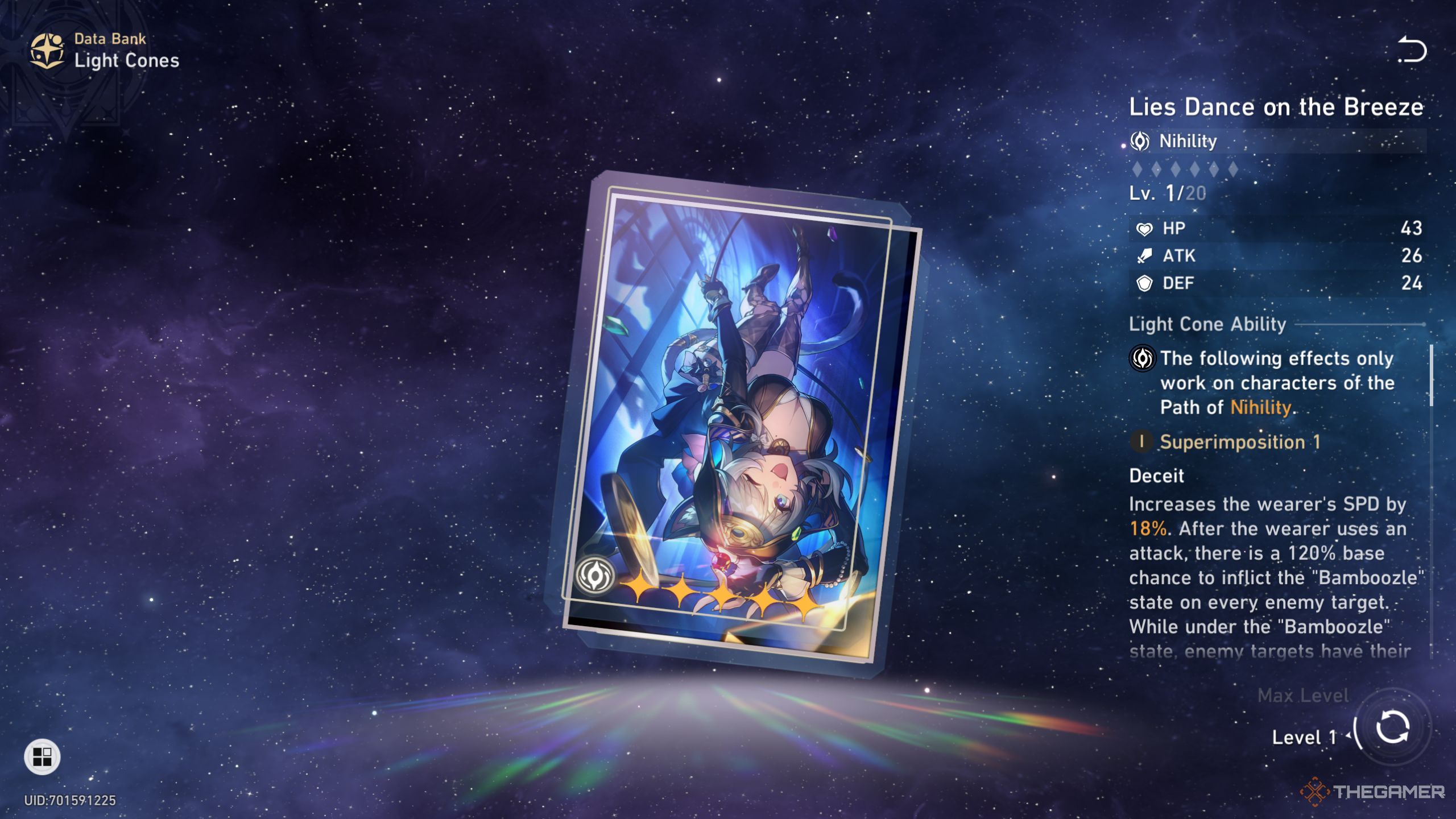 Honkai Star Rail Cipher light cone called Lies Dance on the Breeze on the screen.