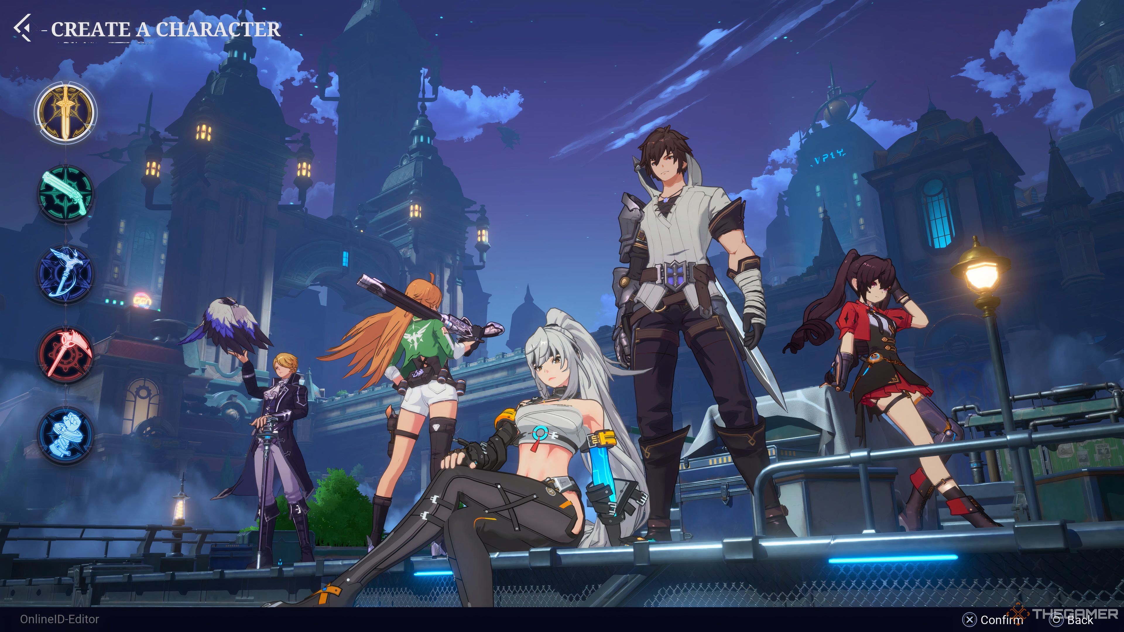 The characters from each class in Crystal of Atlan all stand posting with a city in the background. 