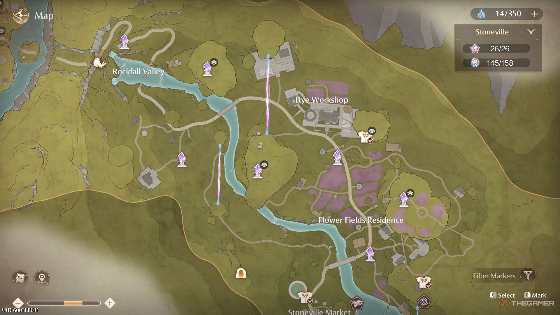 Infinity Nikki A map of Stoneville with the Playful Season events marked.