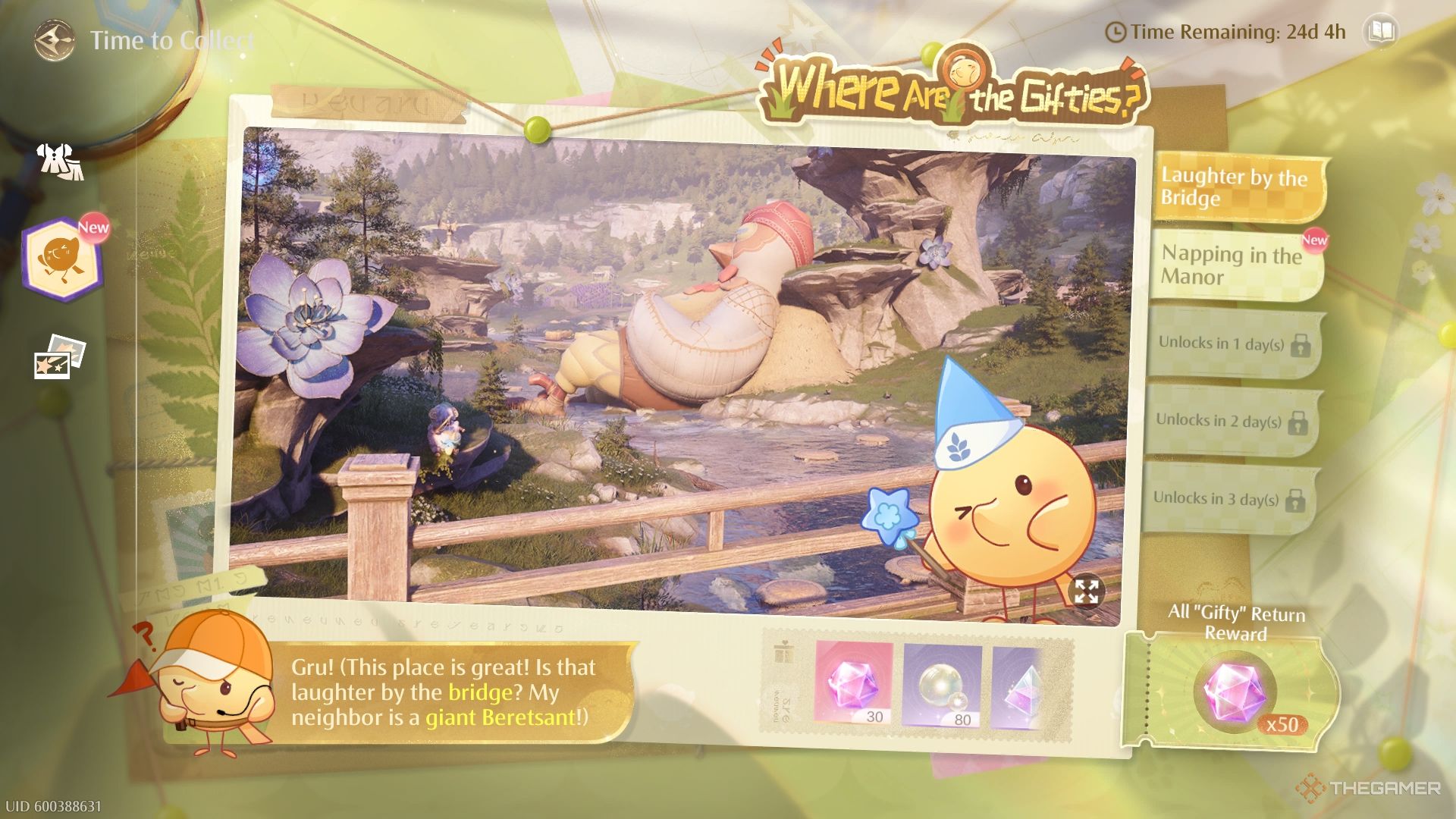 Infinity Nikki Missing Gifties menu with hints.