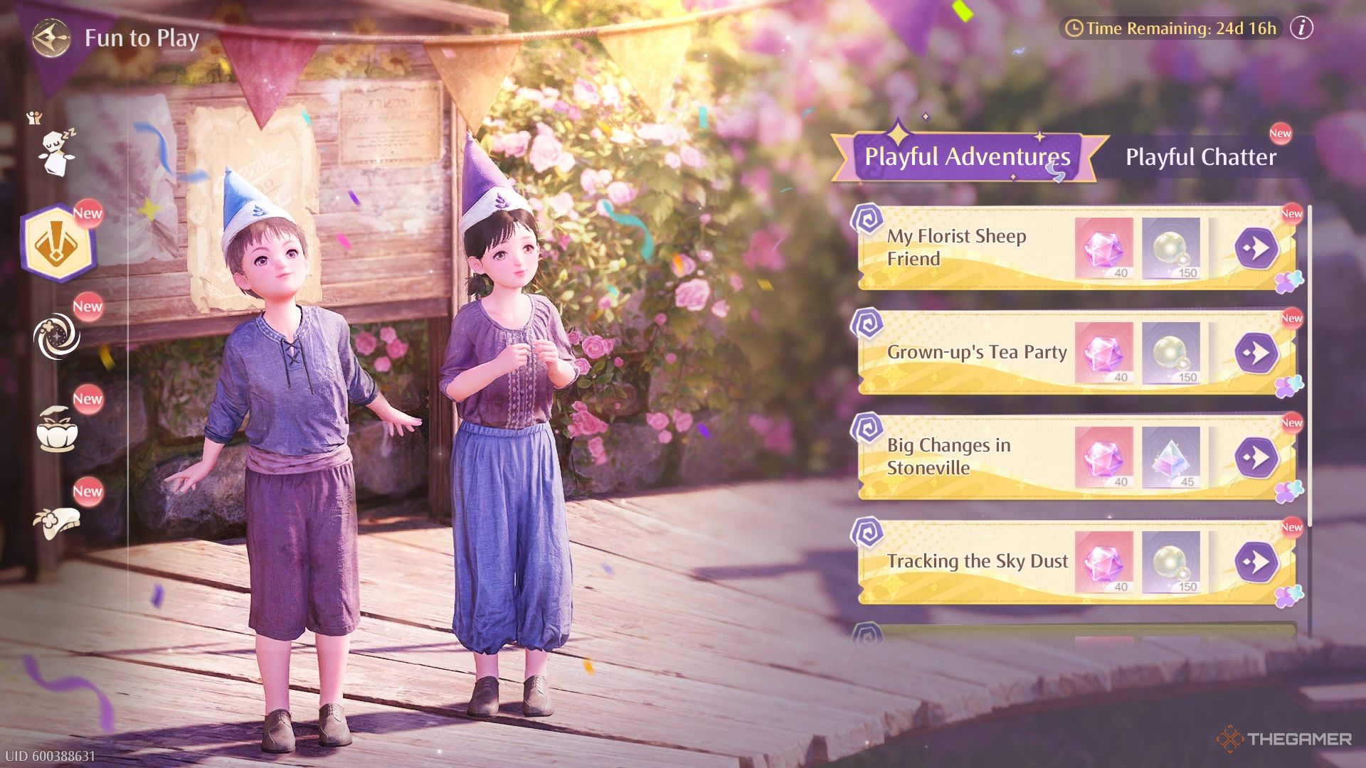 Infinity Nikki Playful Adventures menu with two children in festive gear.