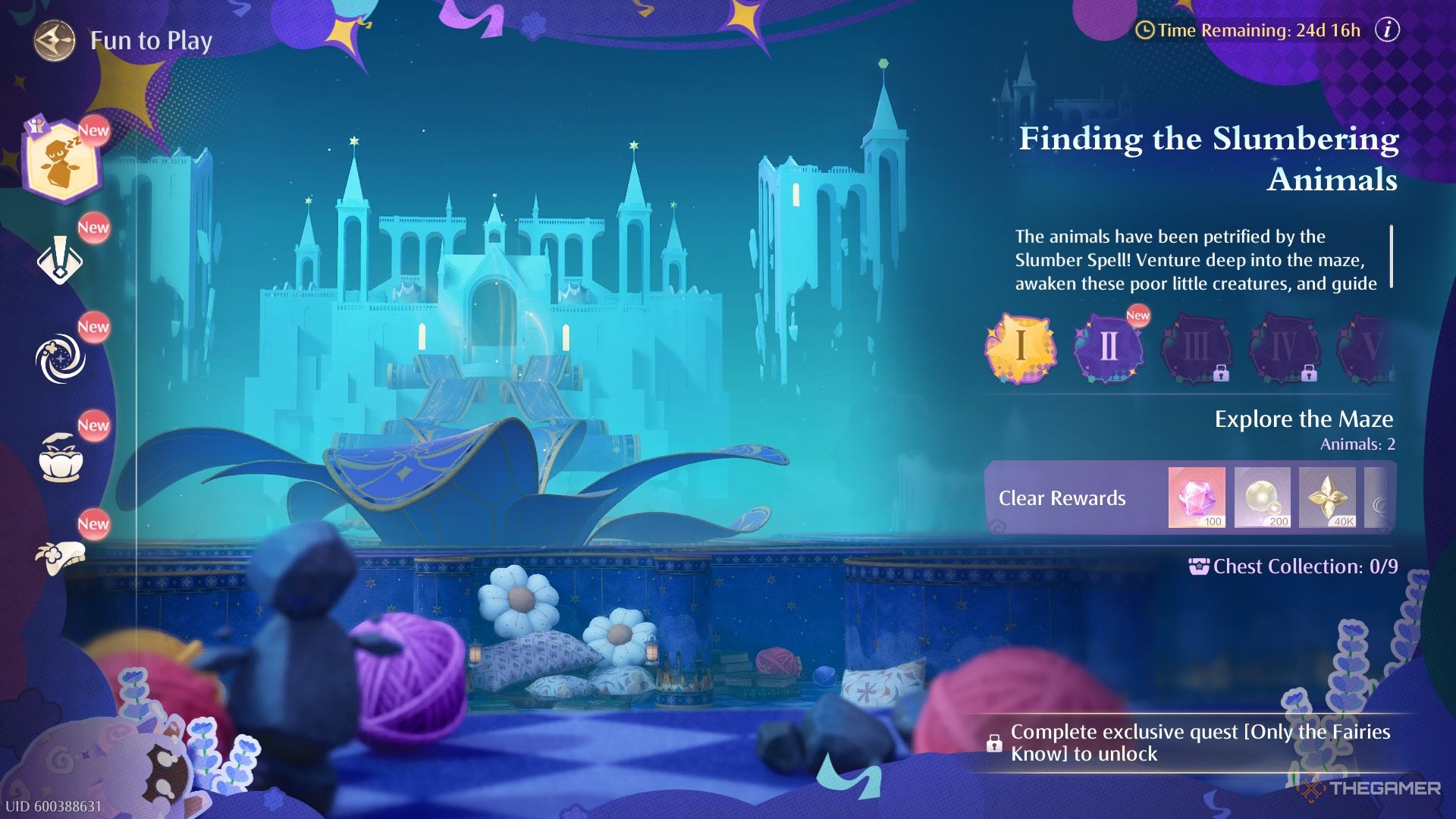 Infinity Nikki The Slumbering Animals menu with rewards listed on the side.