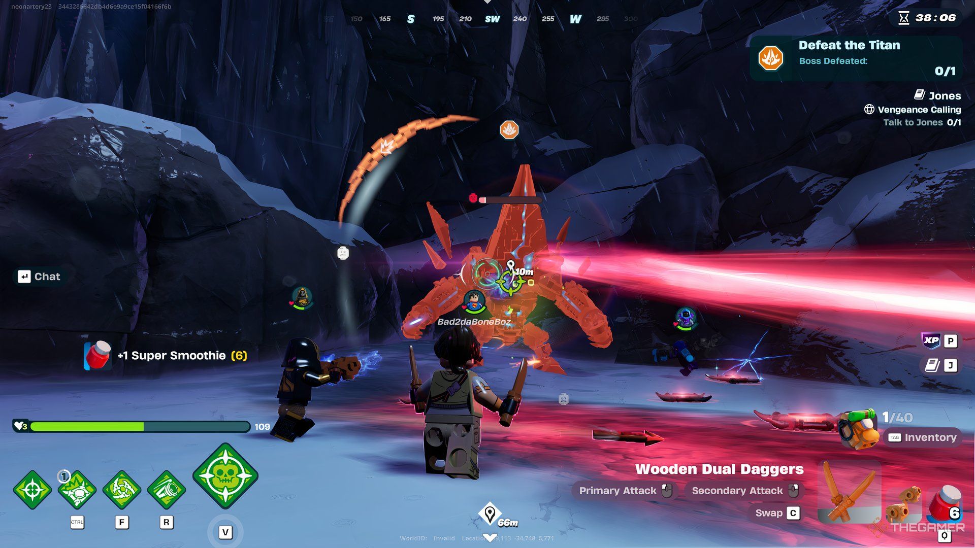 Игроки сражаются с боссом Титаном в Lego Fortnite Expeditions.