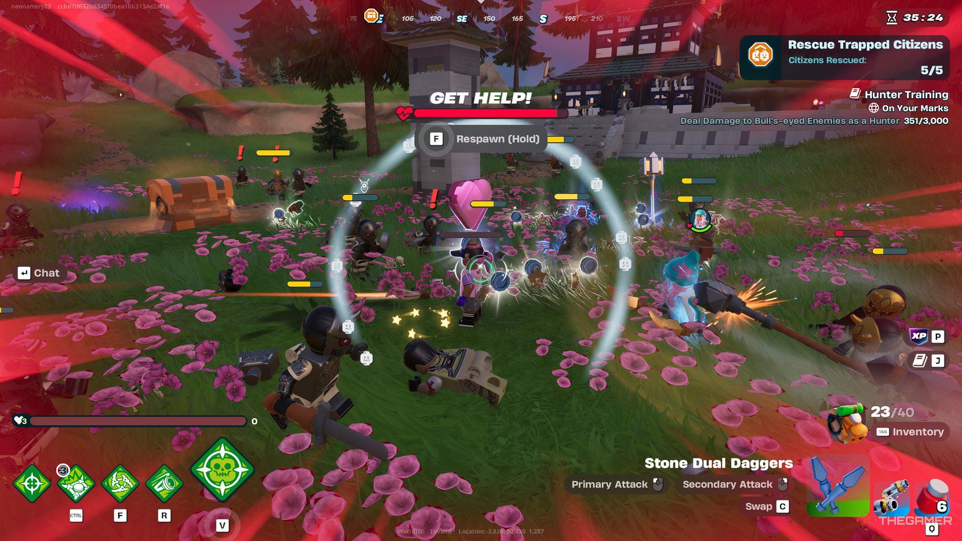 Игрок повержен, вокруг него враги в Lego Fortnite Expeditions. Экран краснеет, и прямо перед игроком большое плавающее сердце.