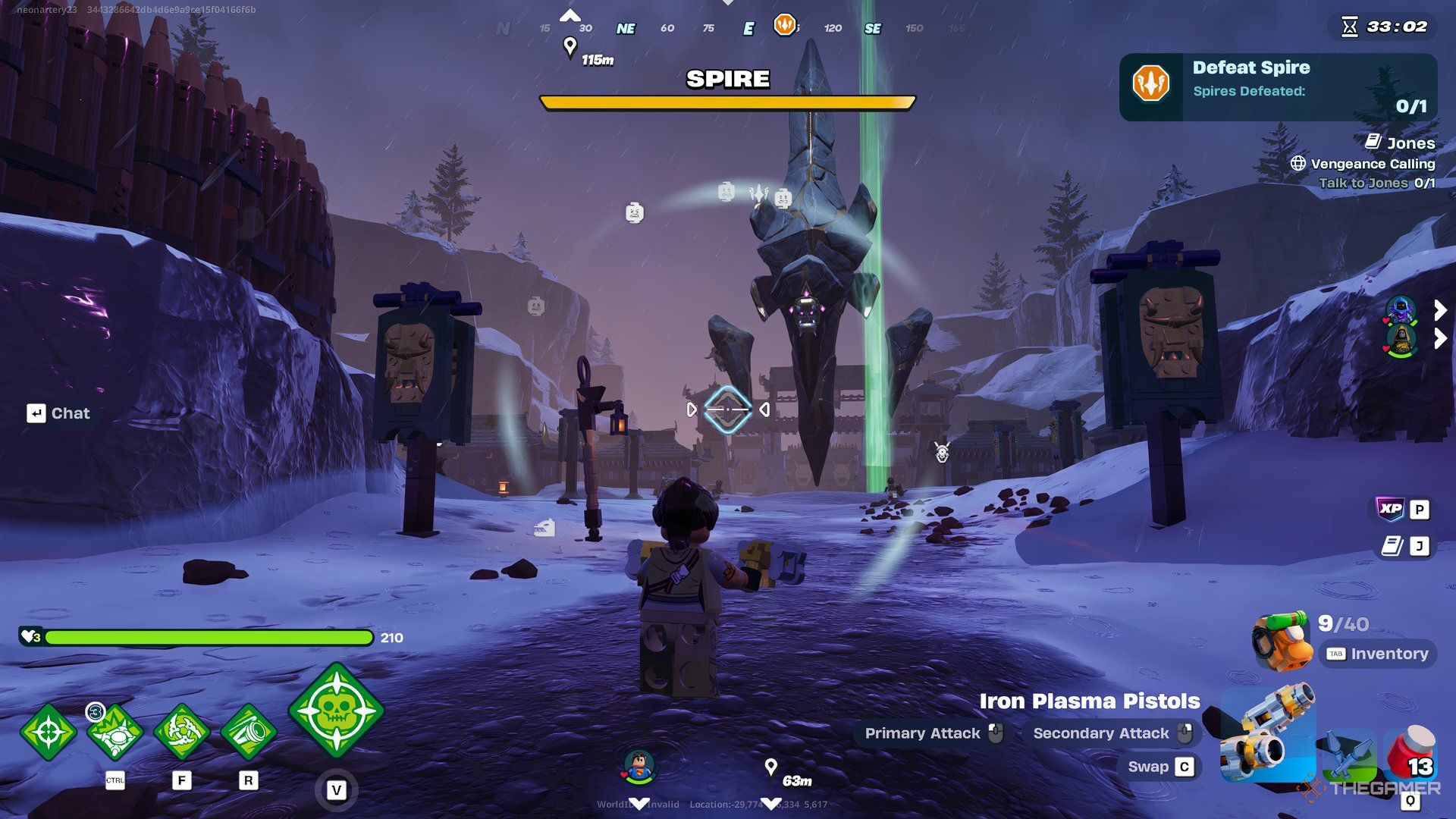 Игрок смотрит на огромного босса Шпиль, готовящегося к атаке в Lego Fortnite Expeditions. Вокруг игрока круг, показывающий местонахождение врагов.