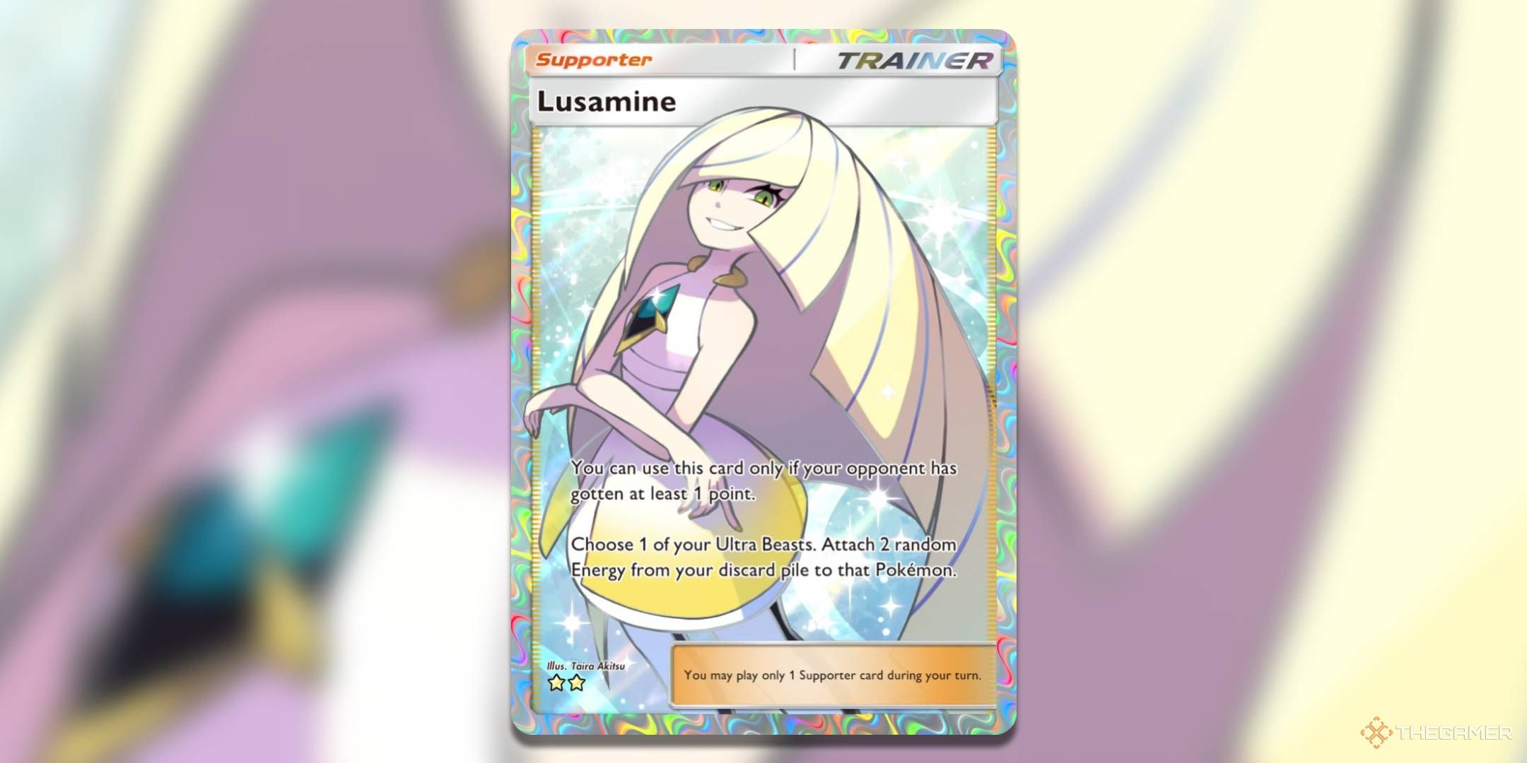 The Lusamine Super Rare card, from Pokemon TCG Pocket.