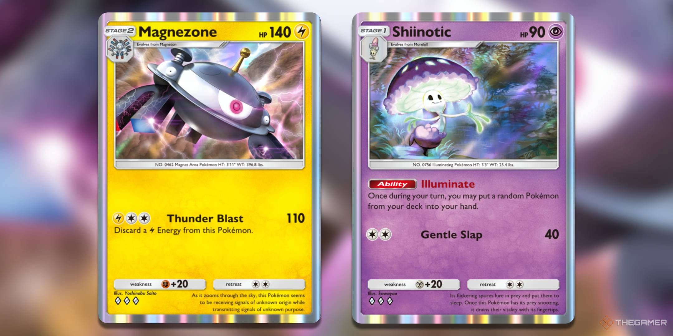 The Magnezone card, from Pokemon TCG Pocket's Space-Time Smackdown expansion, and the Shiinotic card, from Extradimensional Crisis.