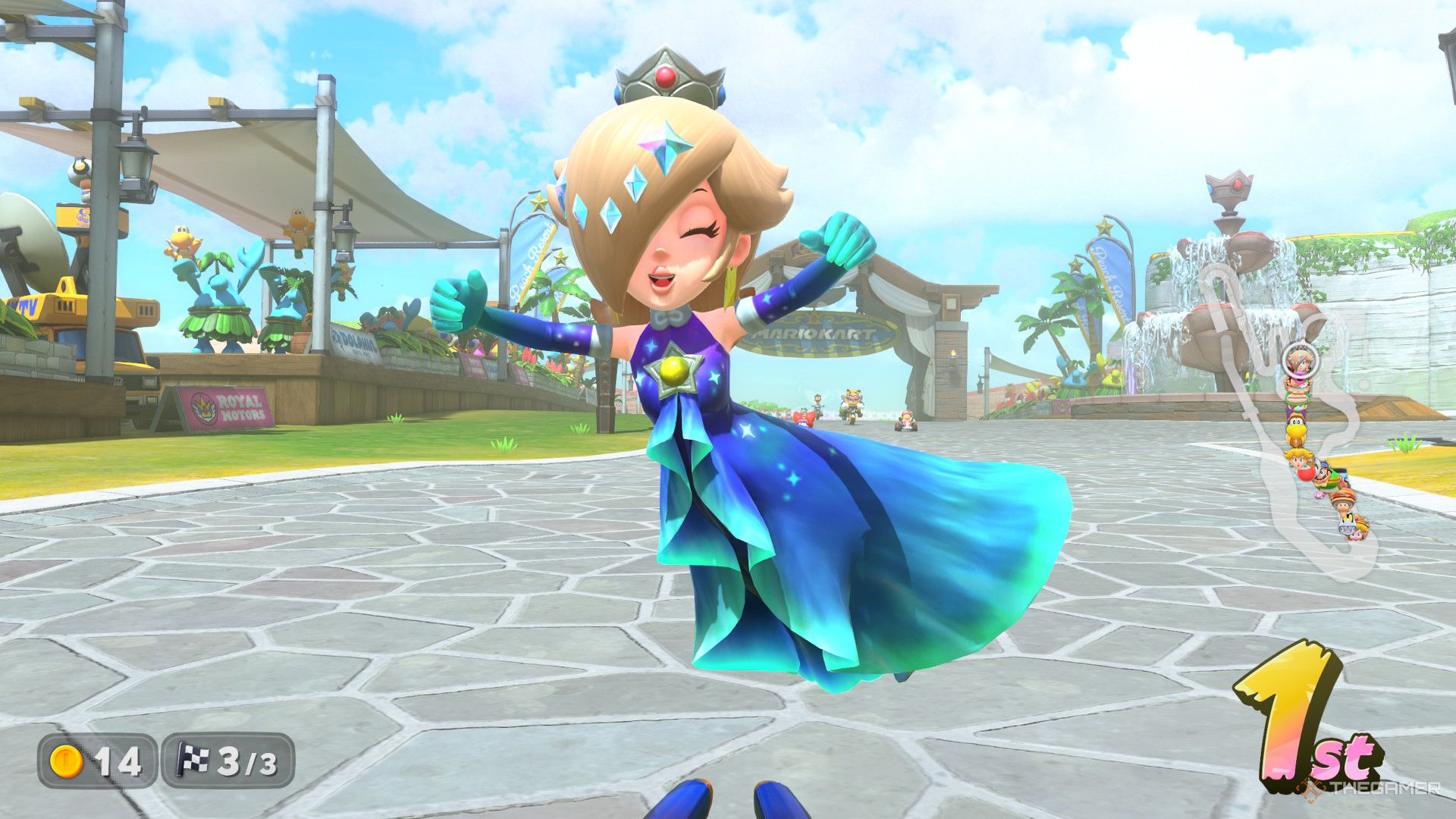 Aurora Rosalina celebrating after finishing in first place in Mario Kart World's Grand Prix mode.