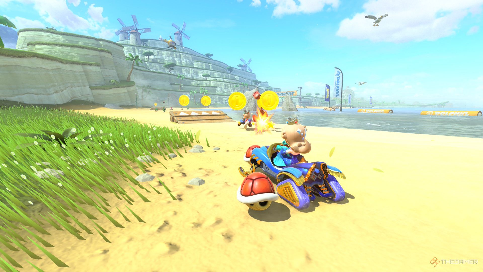 Aurora Rosalina hitting Baby Rosalina with a Red Shell in Mario Kart World.