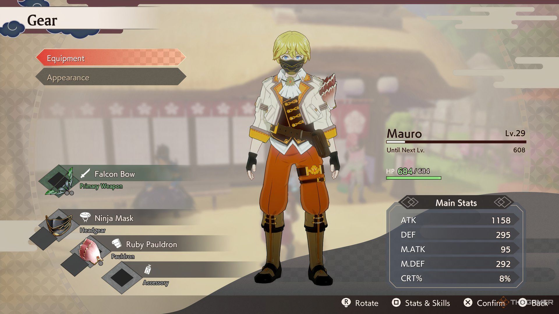 Mauro's equipment screen in Rune Factory Guardians of Azuma.