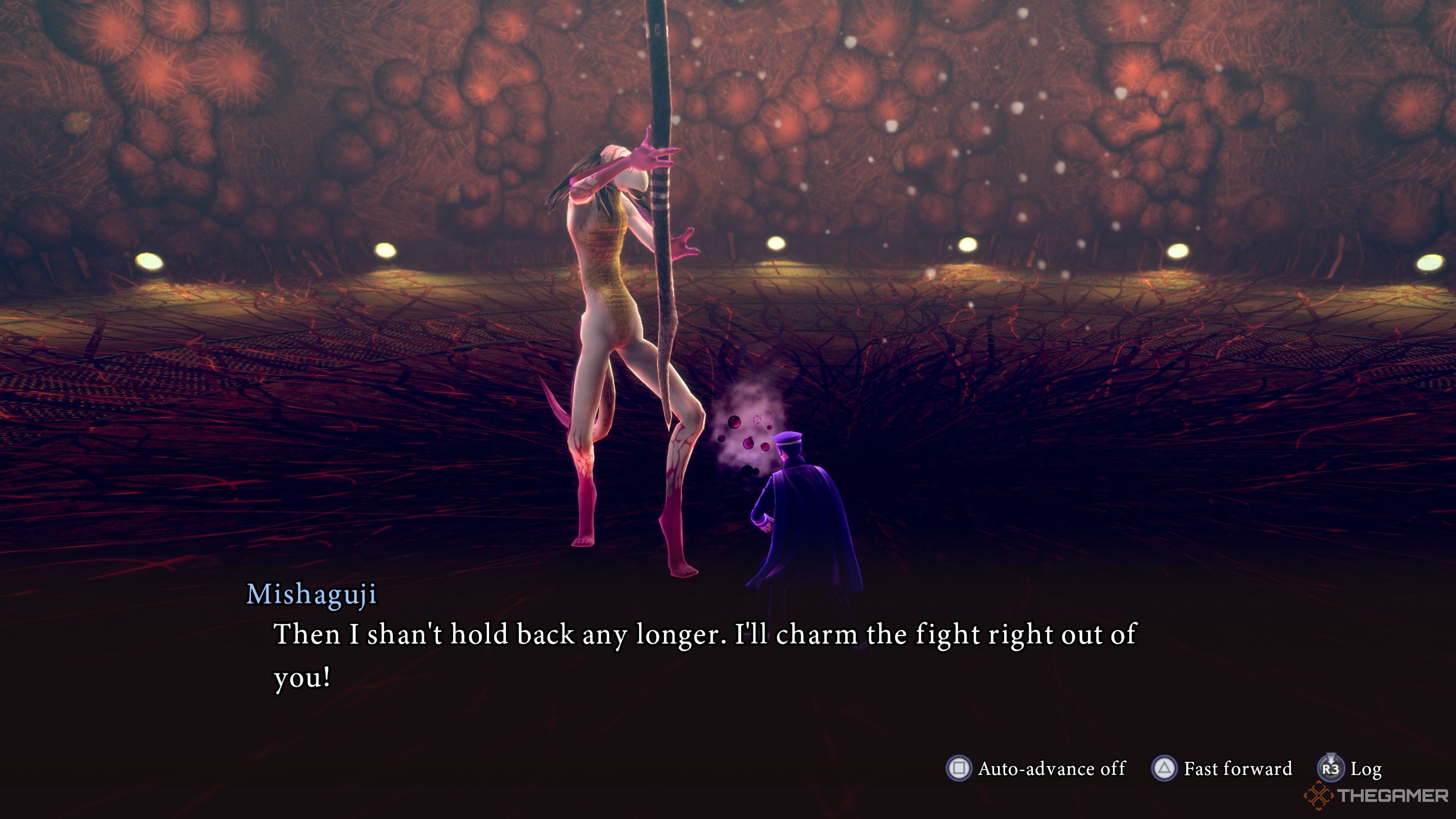 Mishaguji warning Raidou it will use Charm moves in Raidou Remastered The Mystery of the Soulless Army.